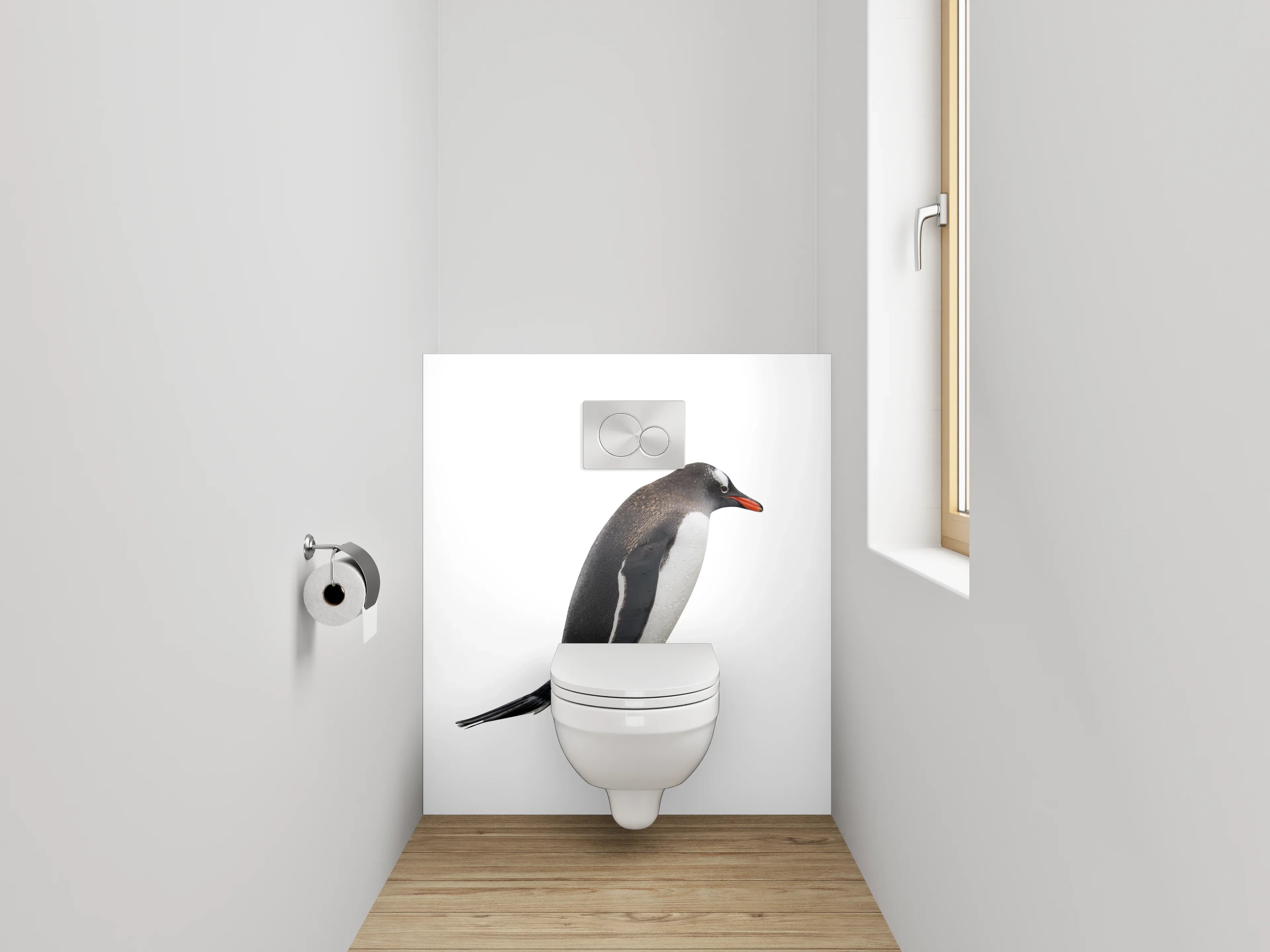 WC-Rückwand - Lustige Pinguinparade auf Weiß