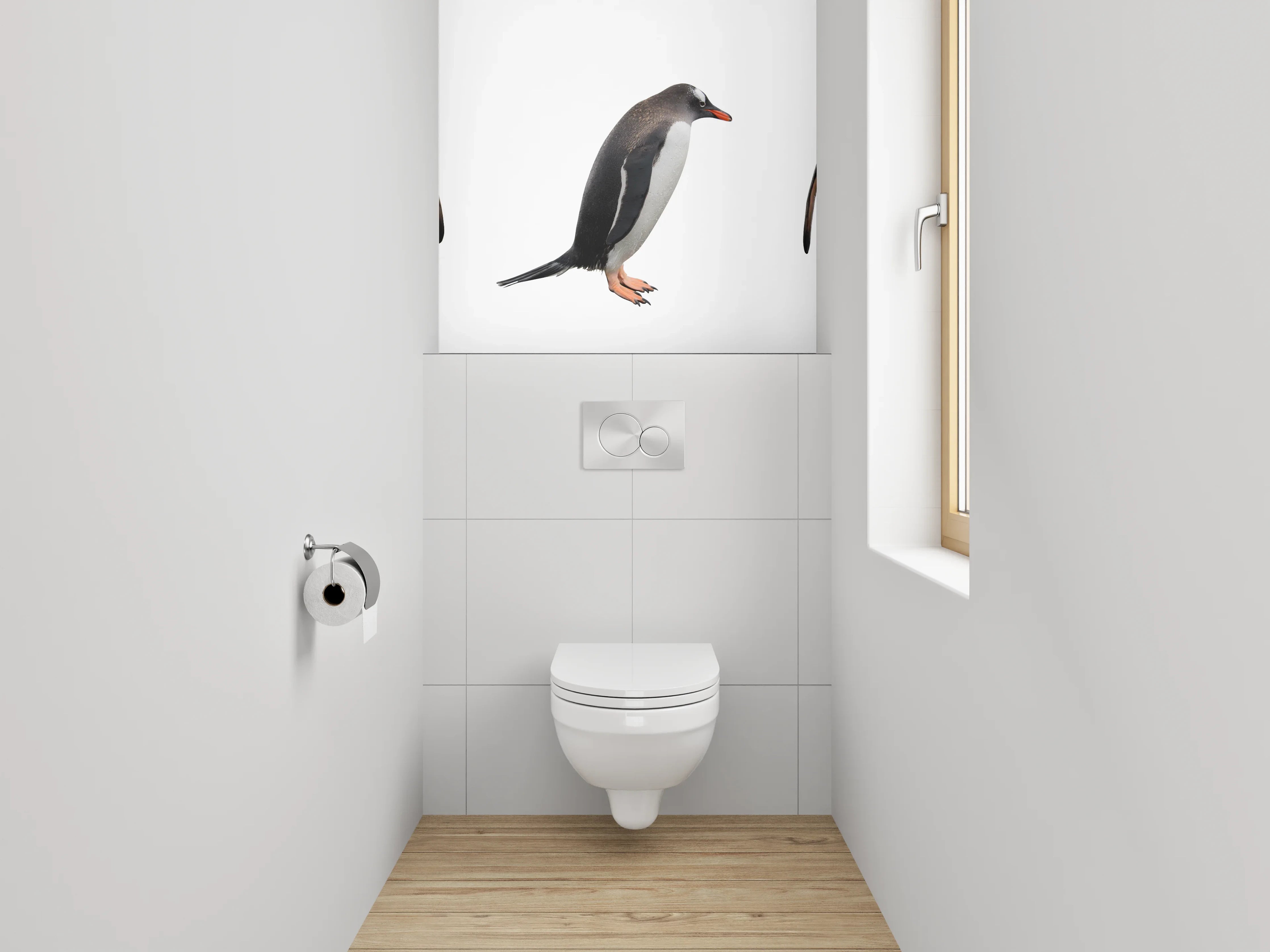 WC-Rückwand - Lustige Pinguinparade auf Weiß
