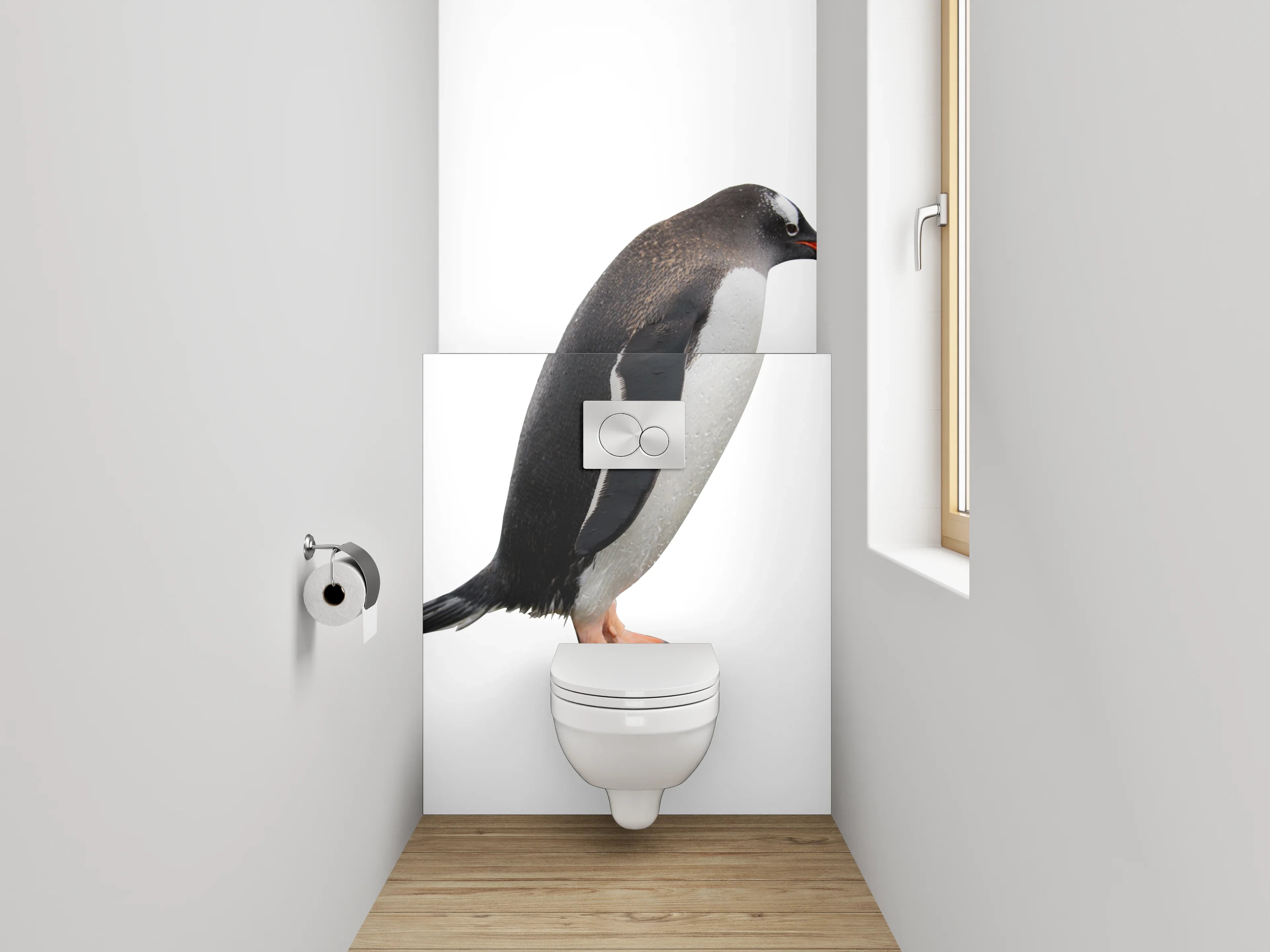 WC-Rückwand - Lustige Pinguinparade auf Weiß