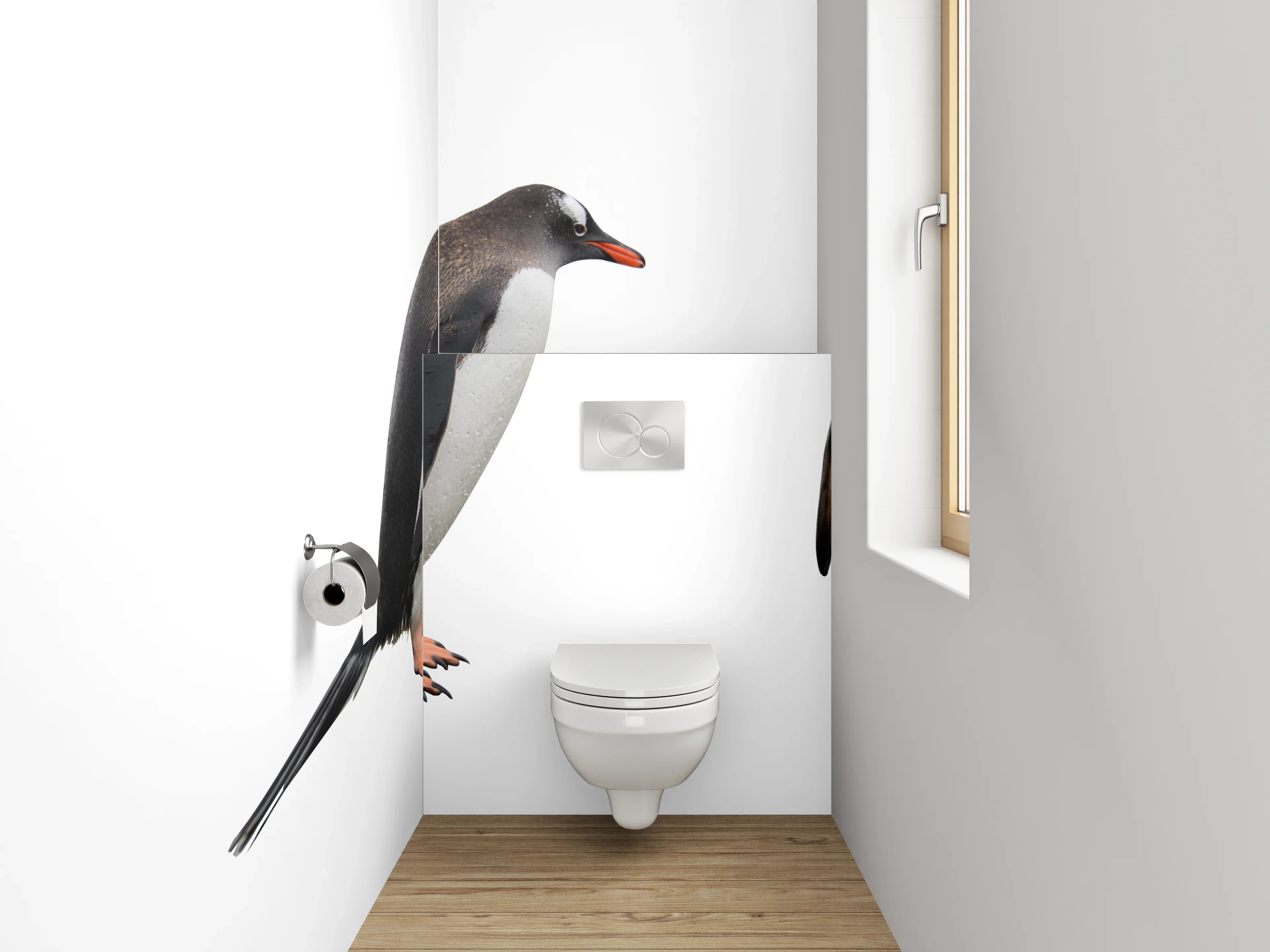WC-Rückwand - Lustige Pinguinparade auf Weiß