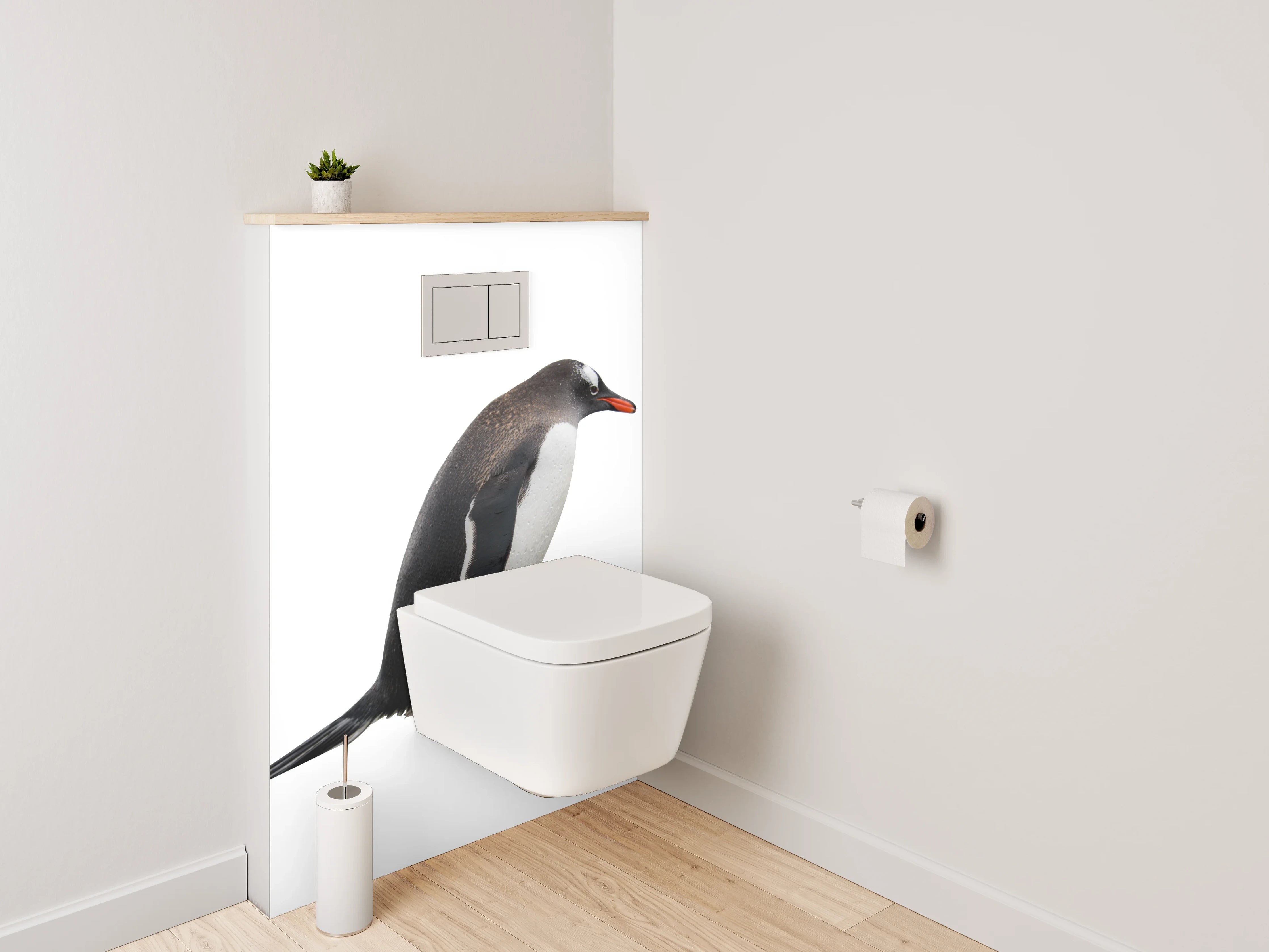 WC-Rückwand - Lustige Pinguinparade auf Weiß