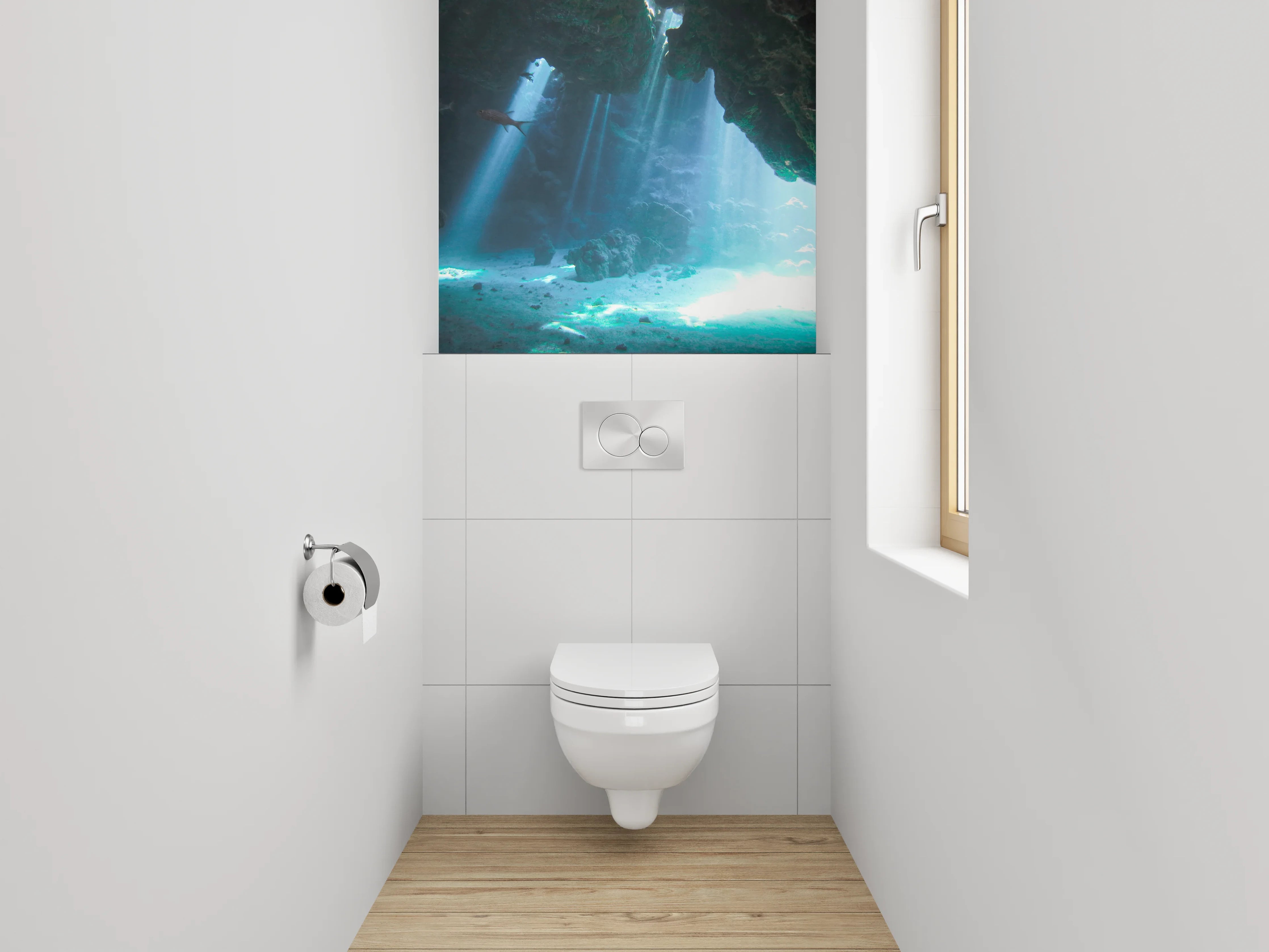 WC-Rückwand - Magische Unterwasserhöhle mit Lichtstrahlen