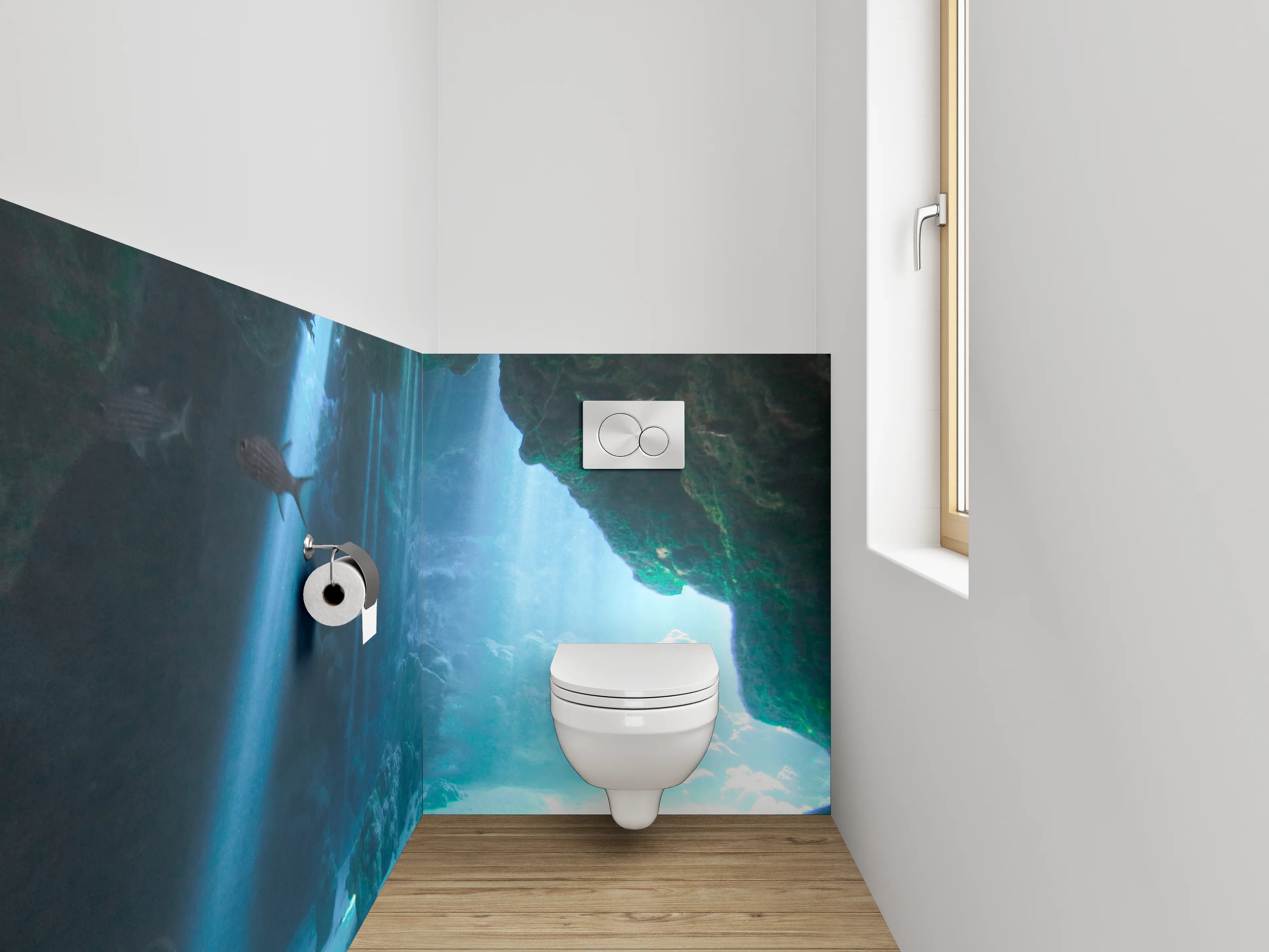 WC-Rückwand - Magische Unterwasserhöhle mit Lichtstrahlen