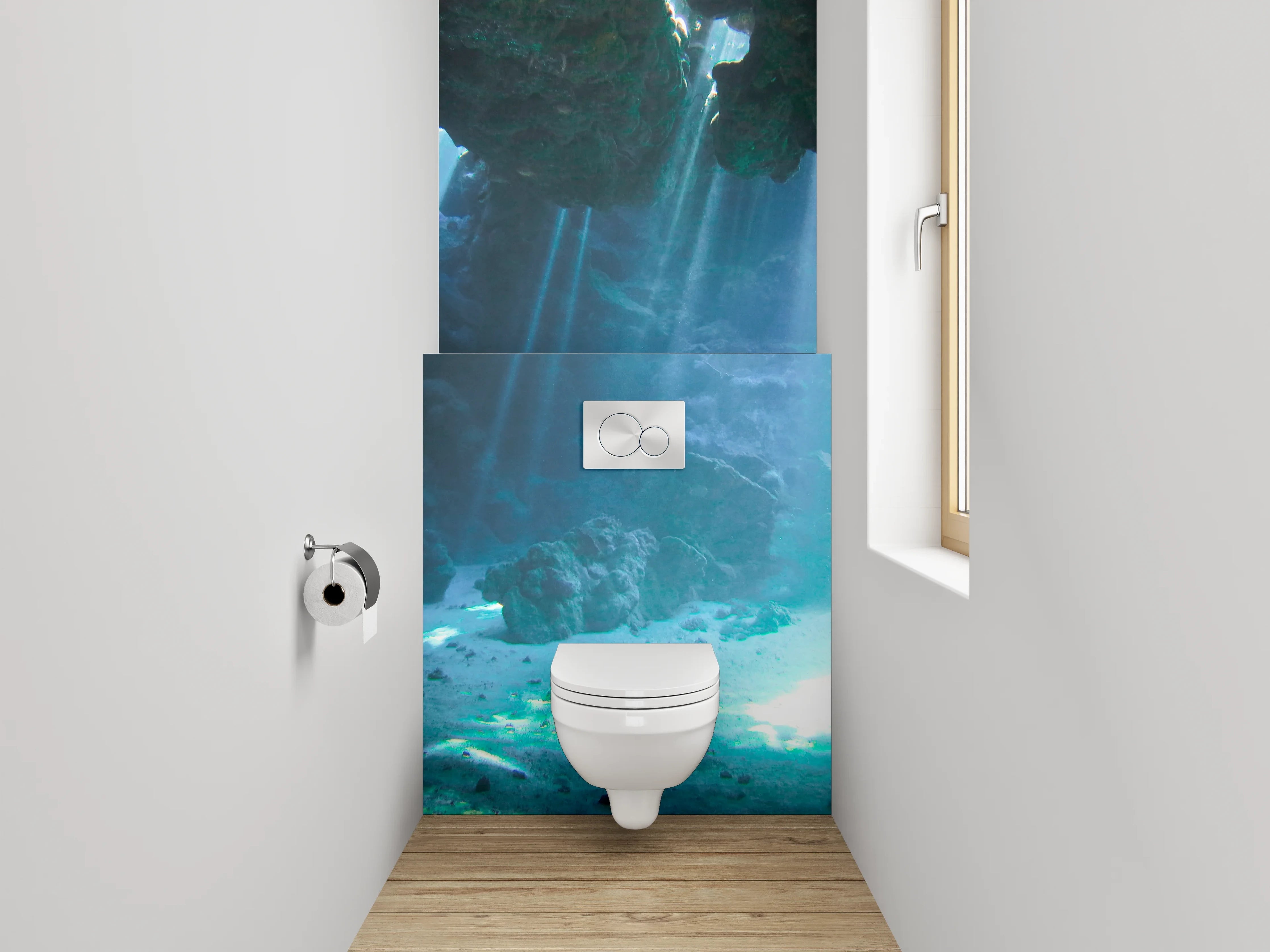 WC-Rückwand - Magische Unterwasserhöhle mit Lichtstrahlen