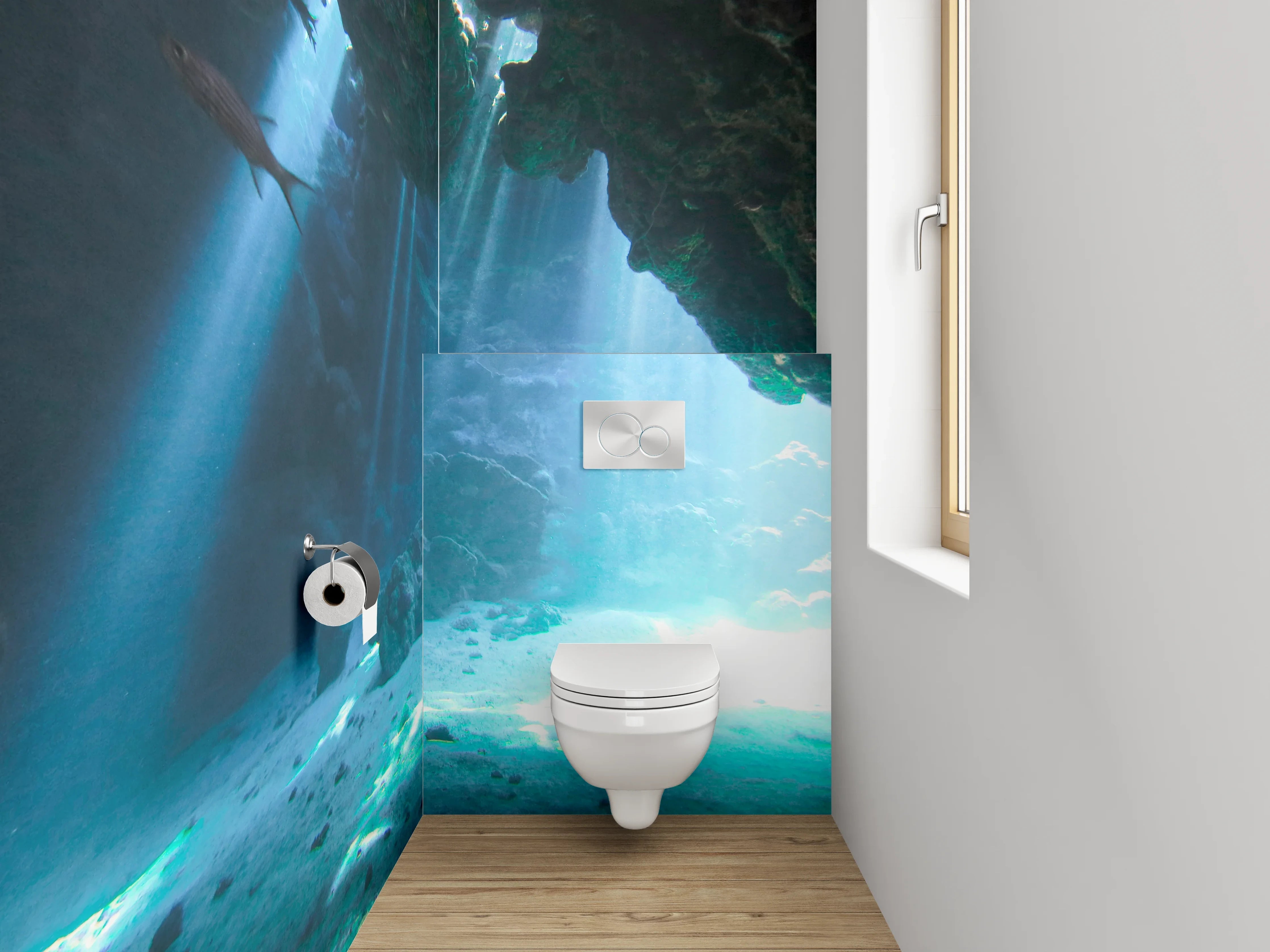 WC-Rückwand - Magische Unterwasserhöhle mit Lichtstrahlen