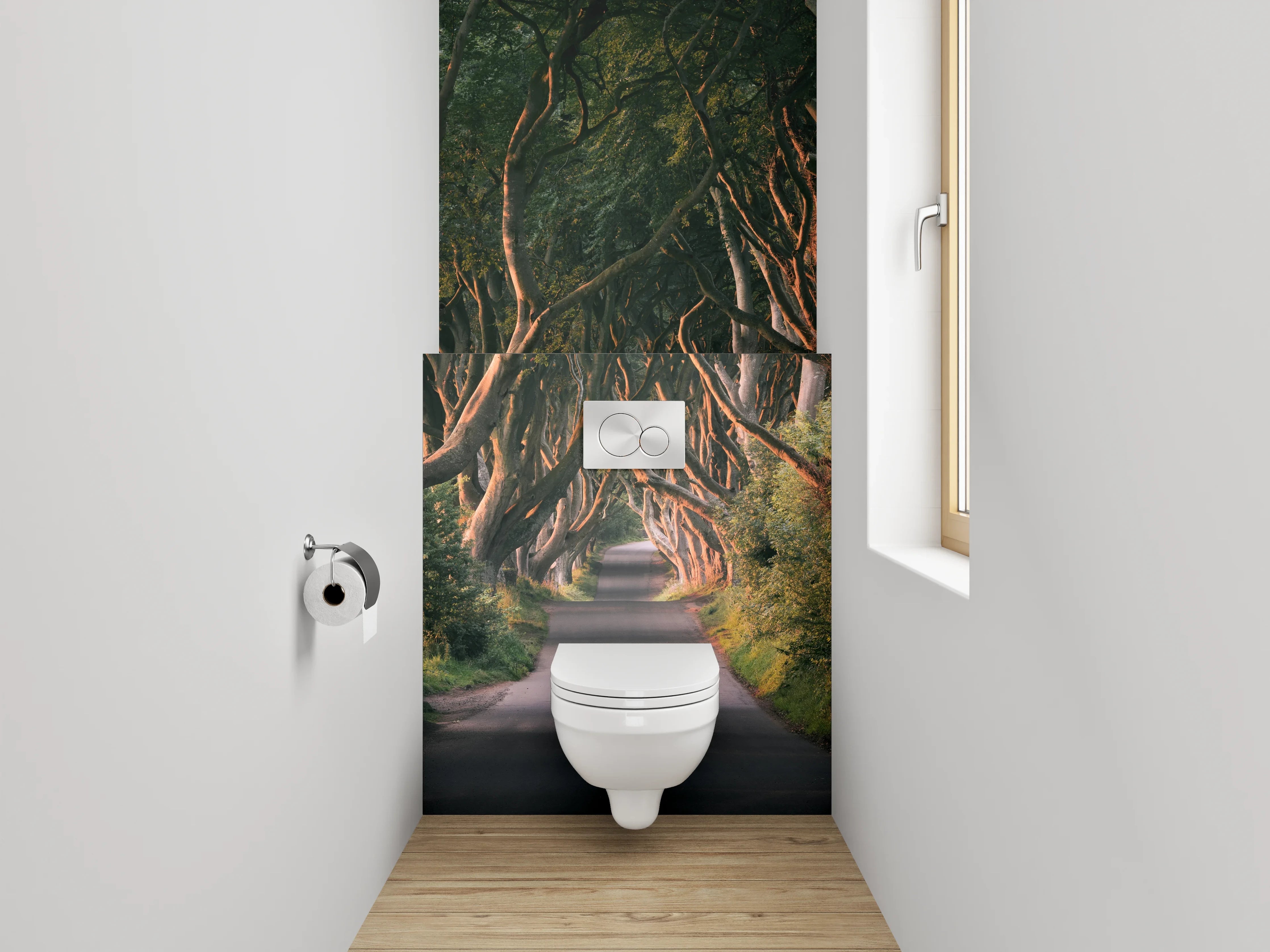 WC-Rückwand - Magischer Baumtunnel am Morgen