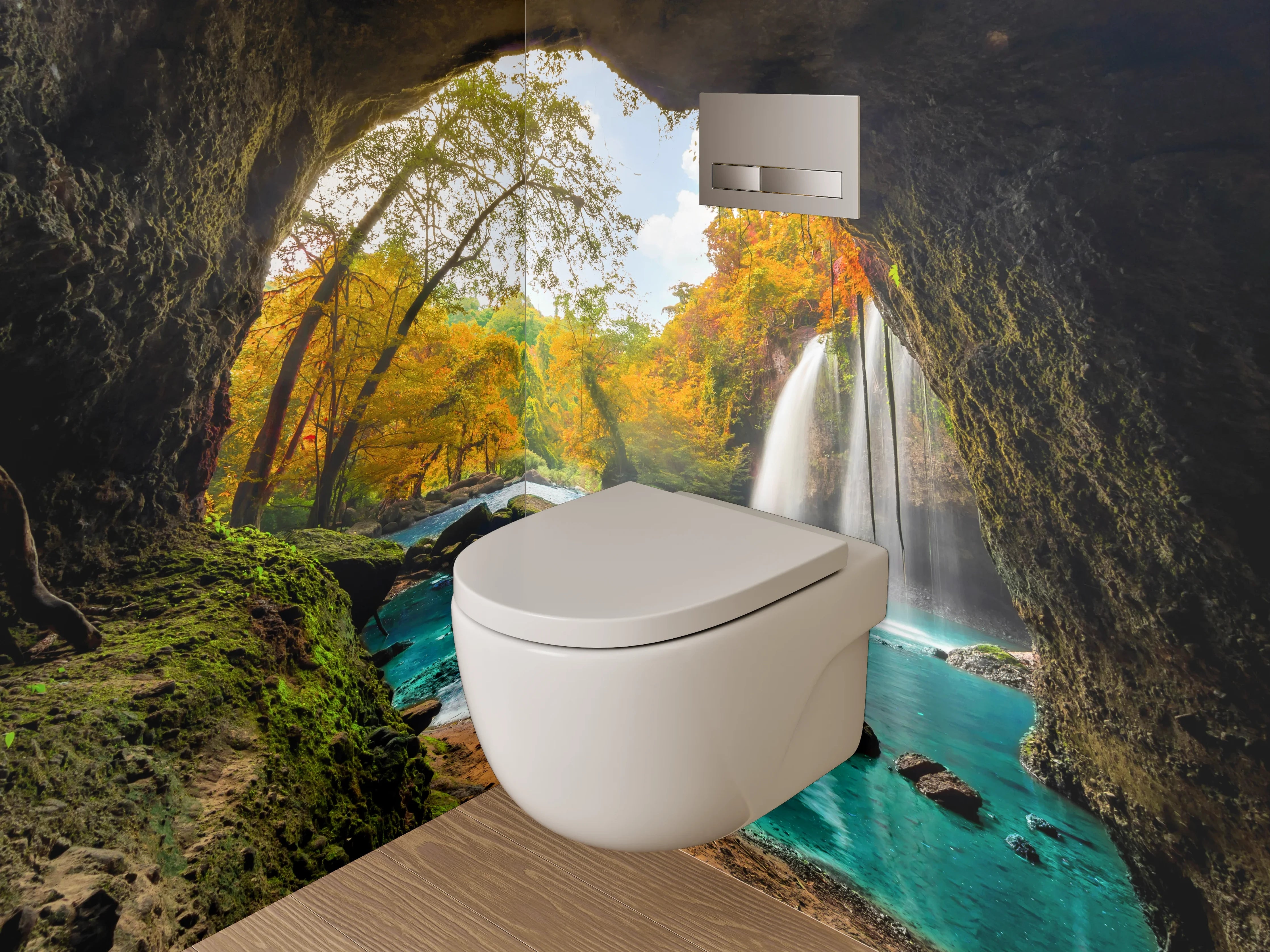 WC-Rückwand - Magischer Höhlenblick auf Wasserfall