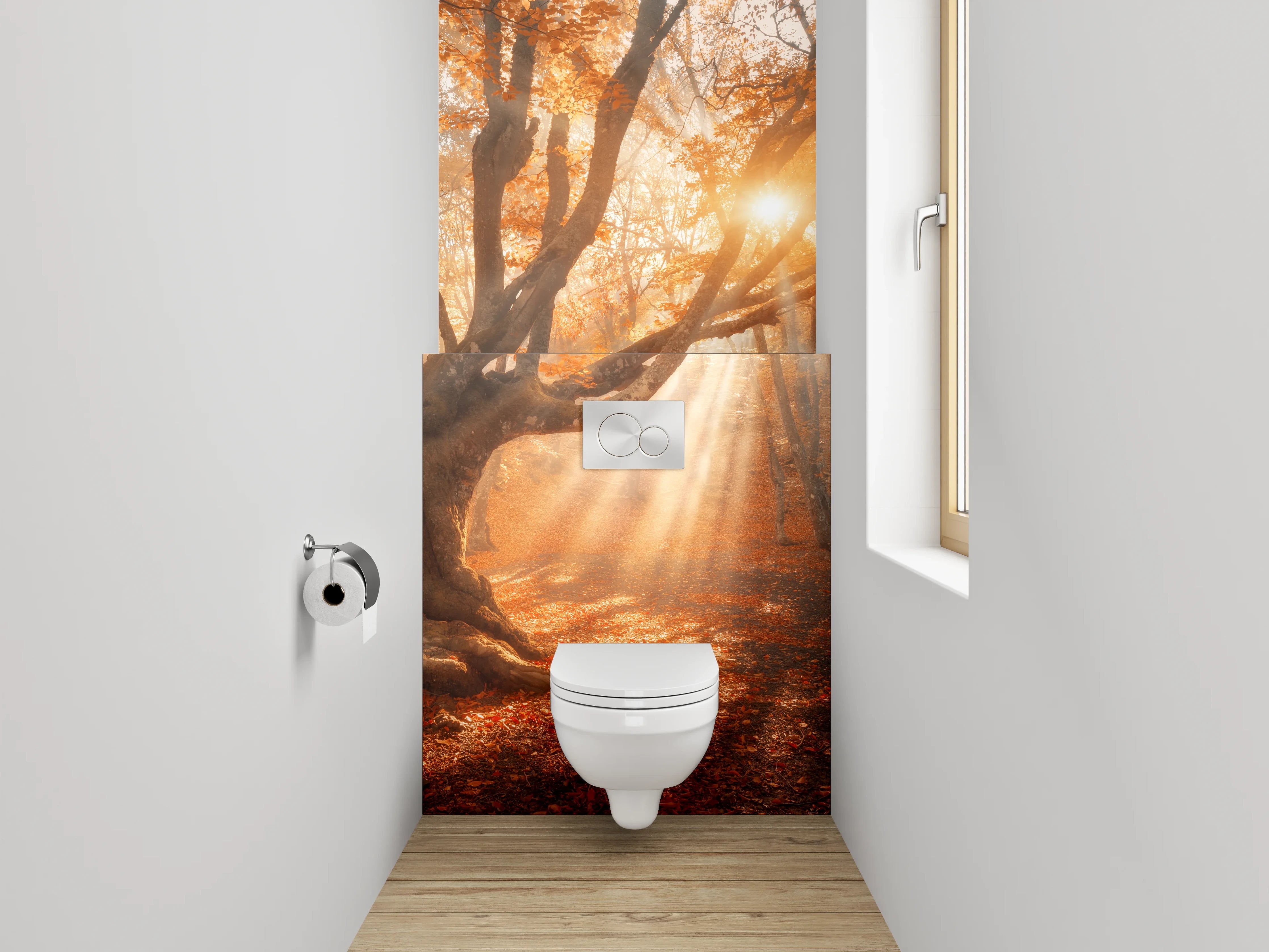 WC-Rückwand - Magischer Sonnenstrahl im Herbstwald