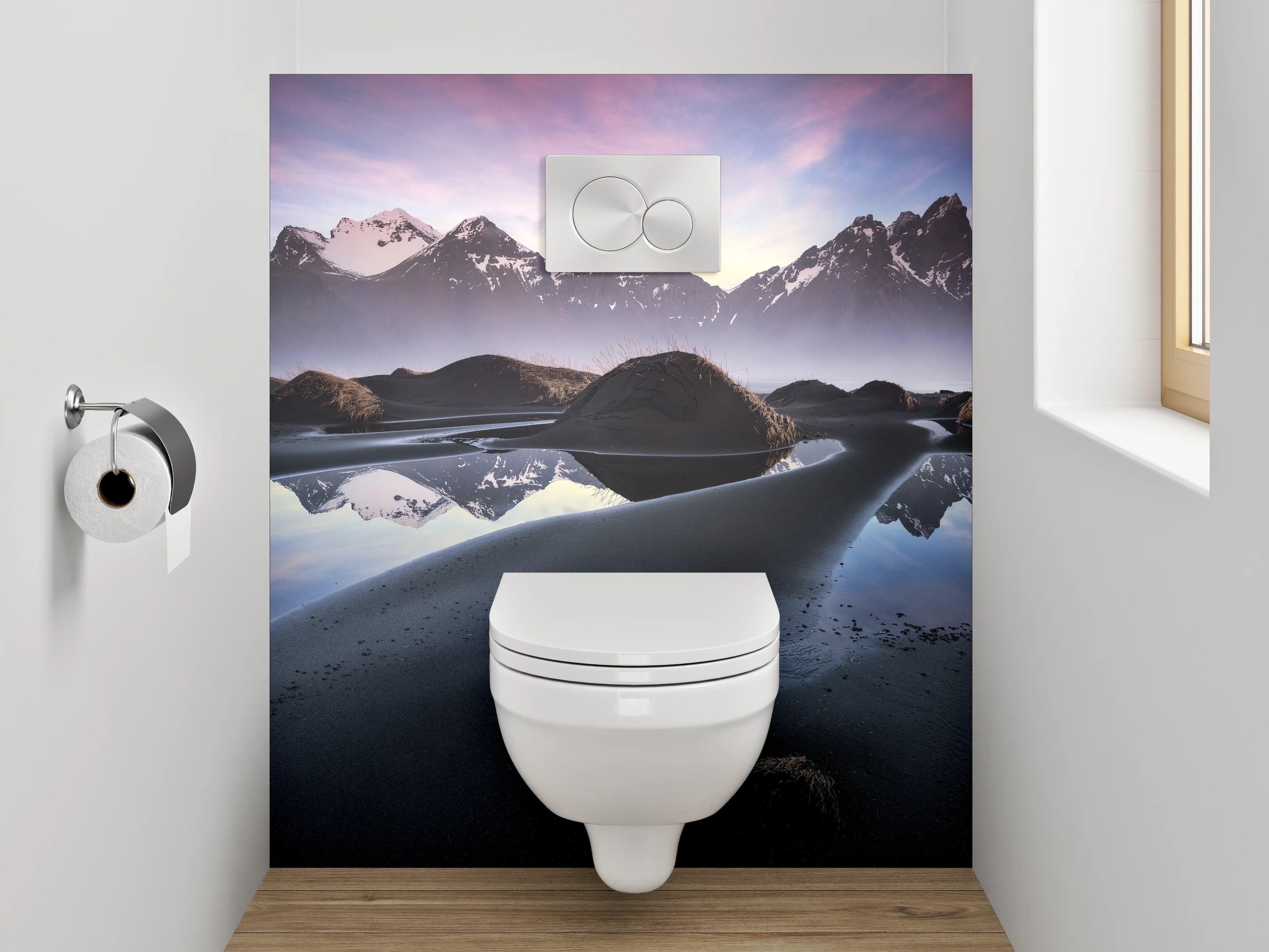WC-Rückwand - Magischer Sonnenuntergang am Bergsee