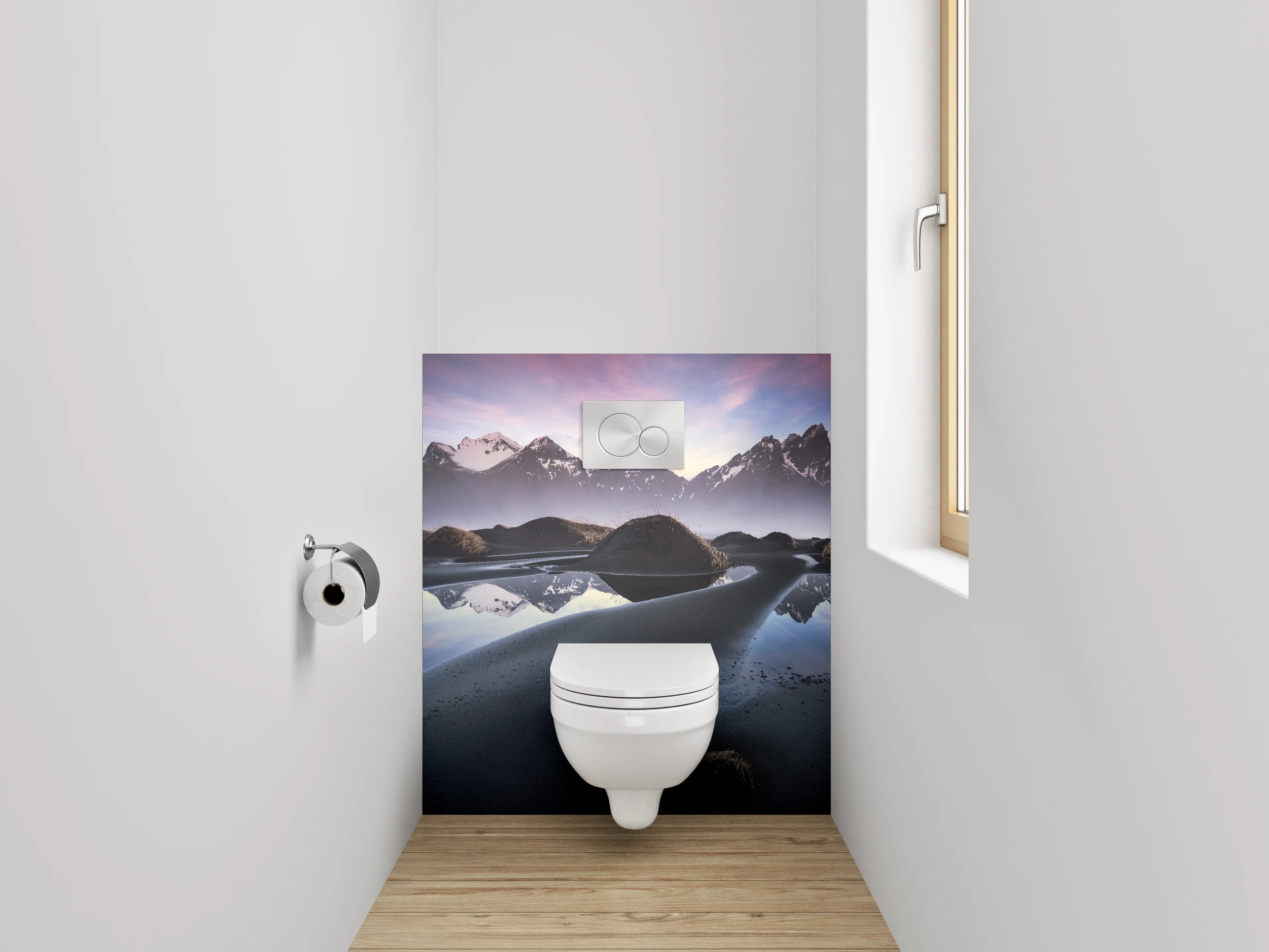 WC-Rückwand - Magischer Sonnenuntergang am Bergsee