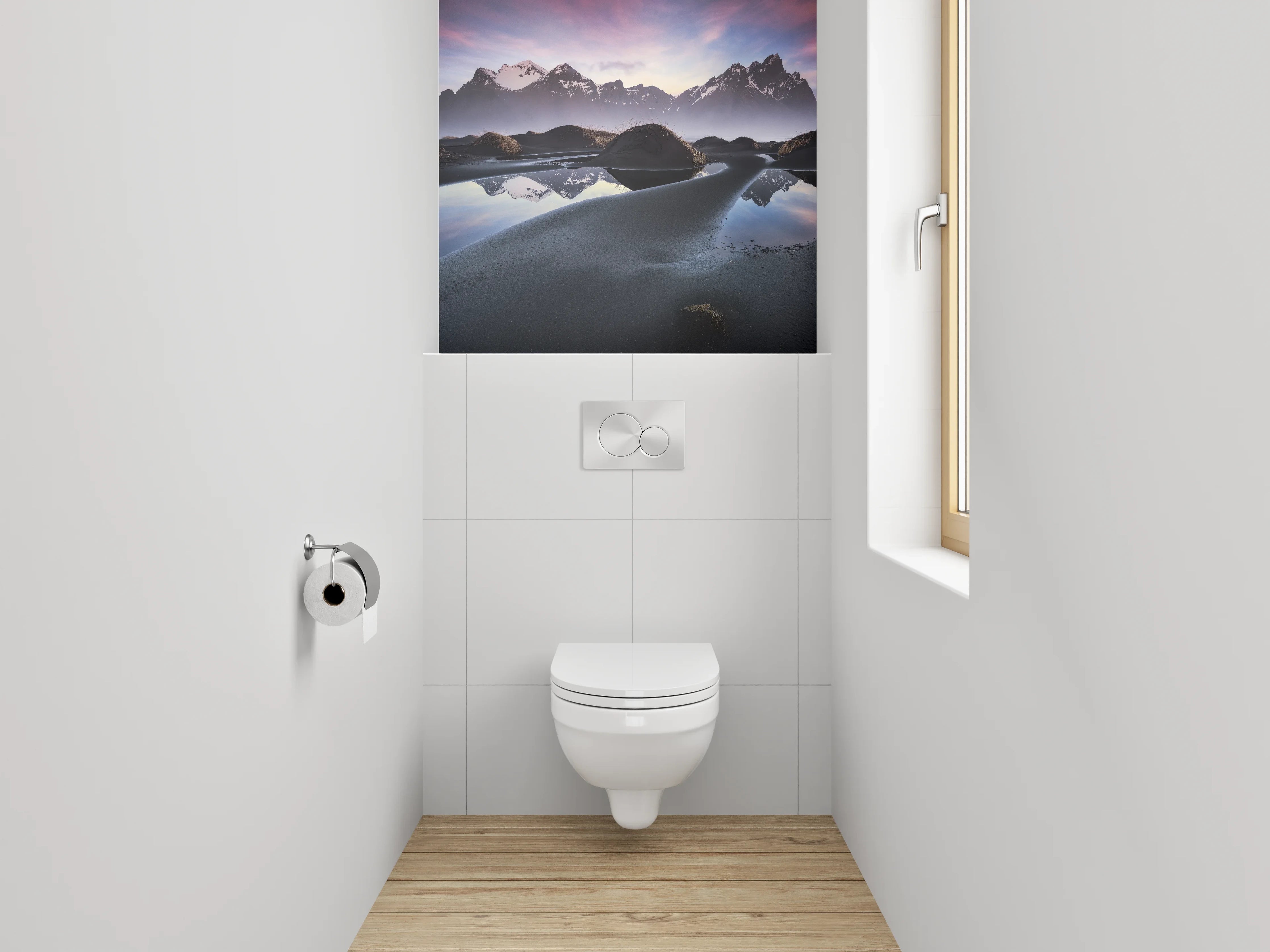 WC-Rückwand - Magischer Sonnenuntergang am Bergsee