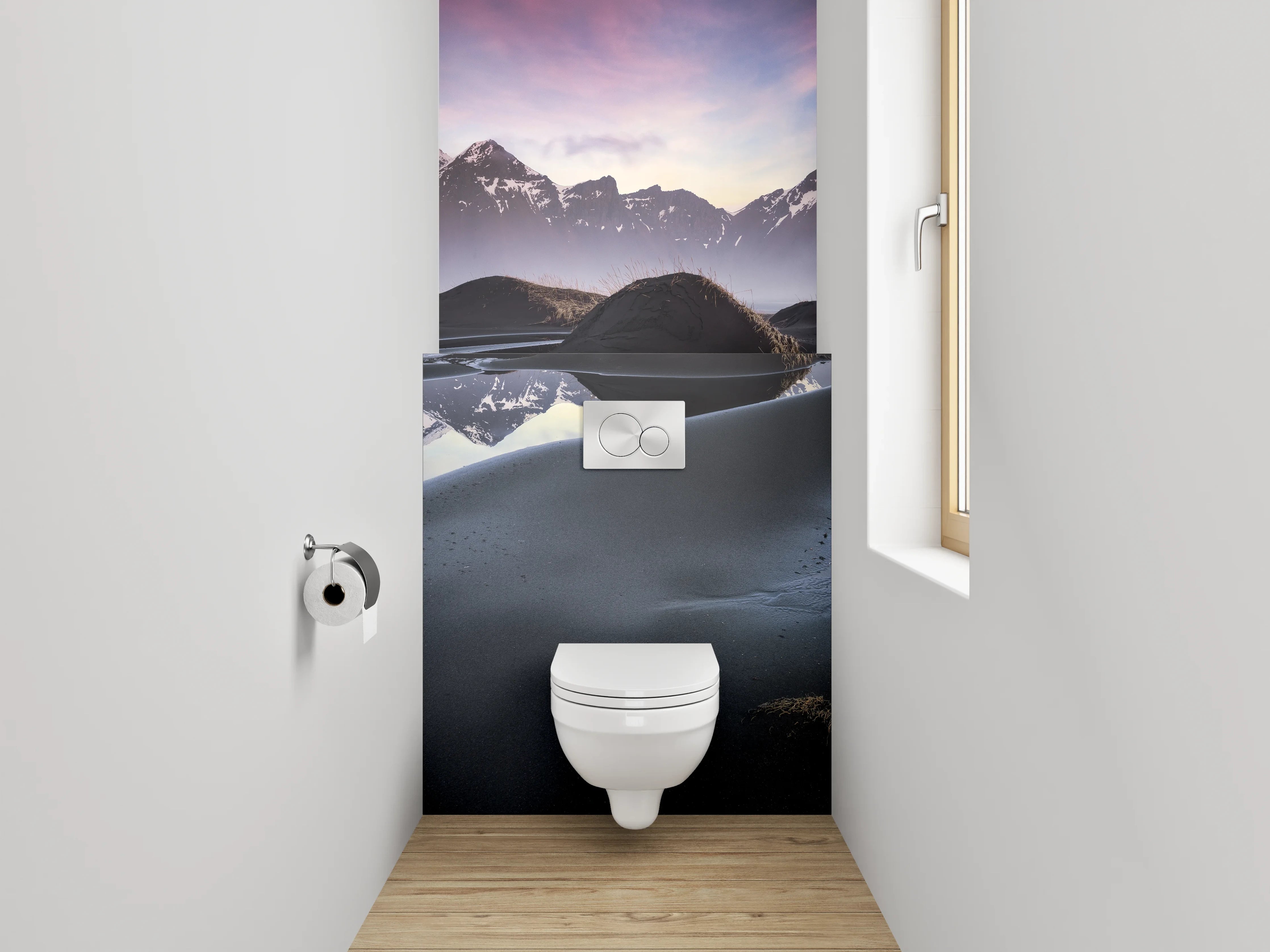 WC-Rückwand - Magischer Sonnenuntergang am Bergsee