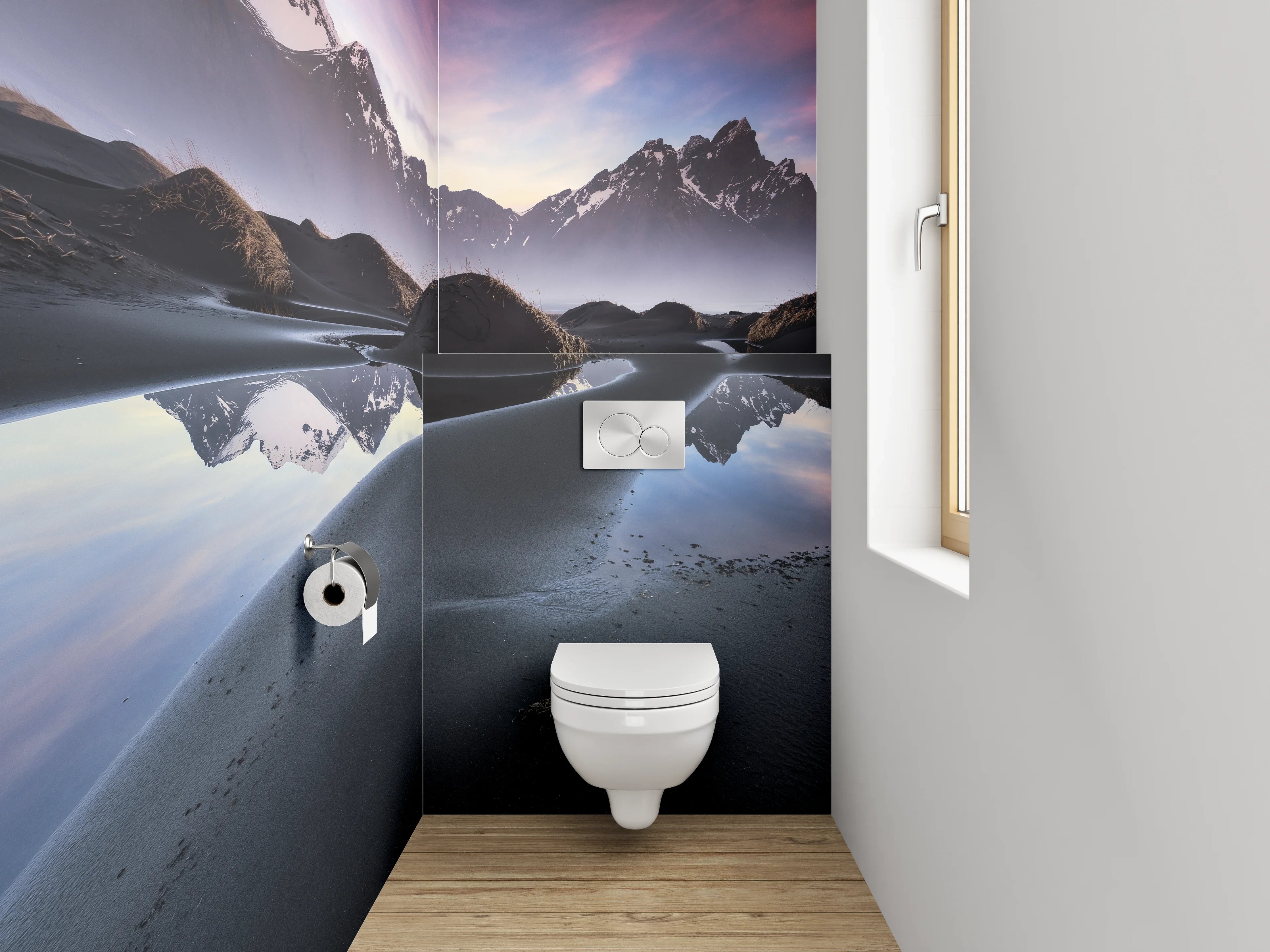 WC-Rückwand - Magischer Sonnenuntergang am Bergsee