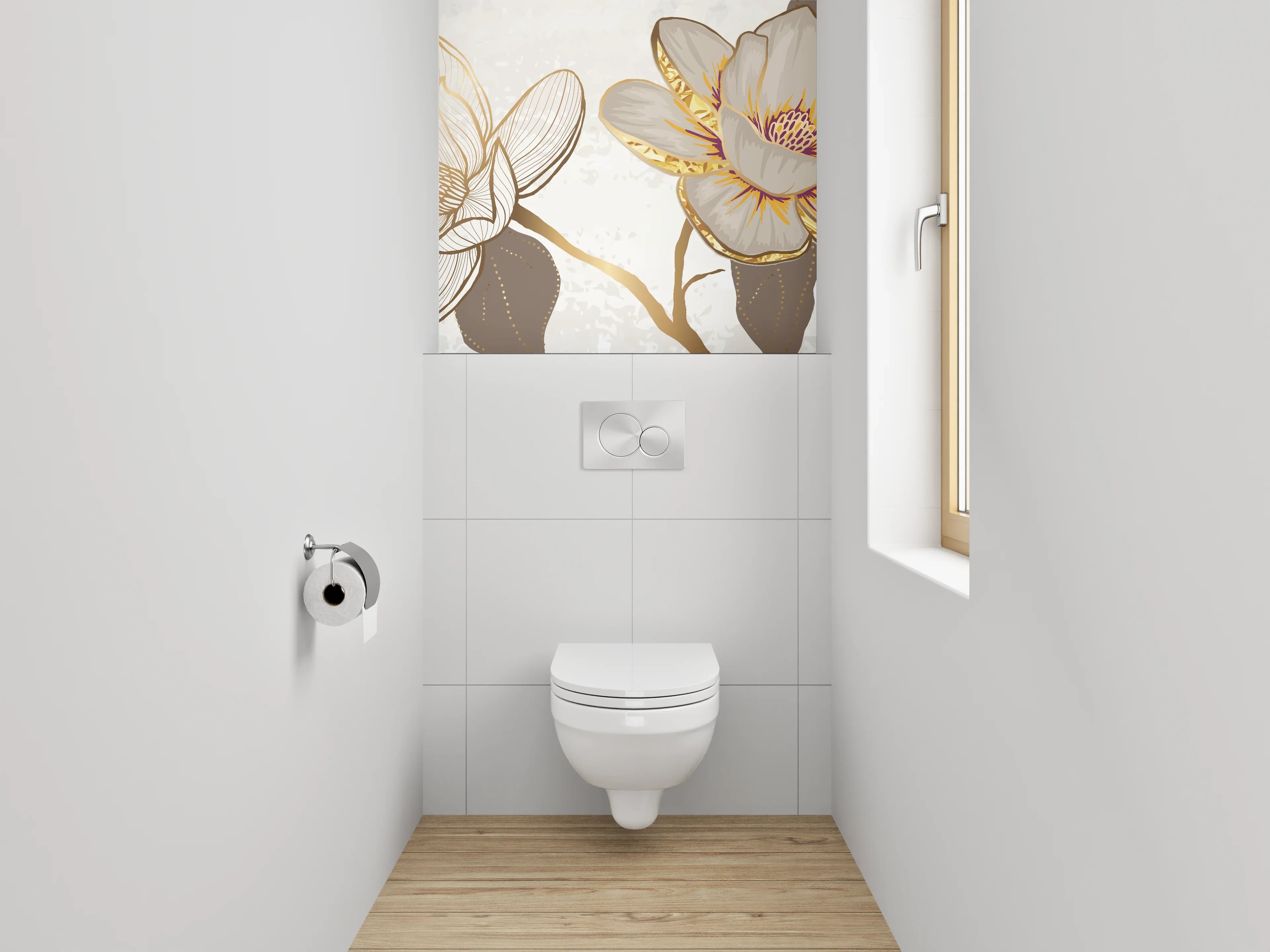 WC-Rückwand - Magnolien Lineart mit Goldakzenten
