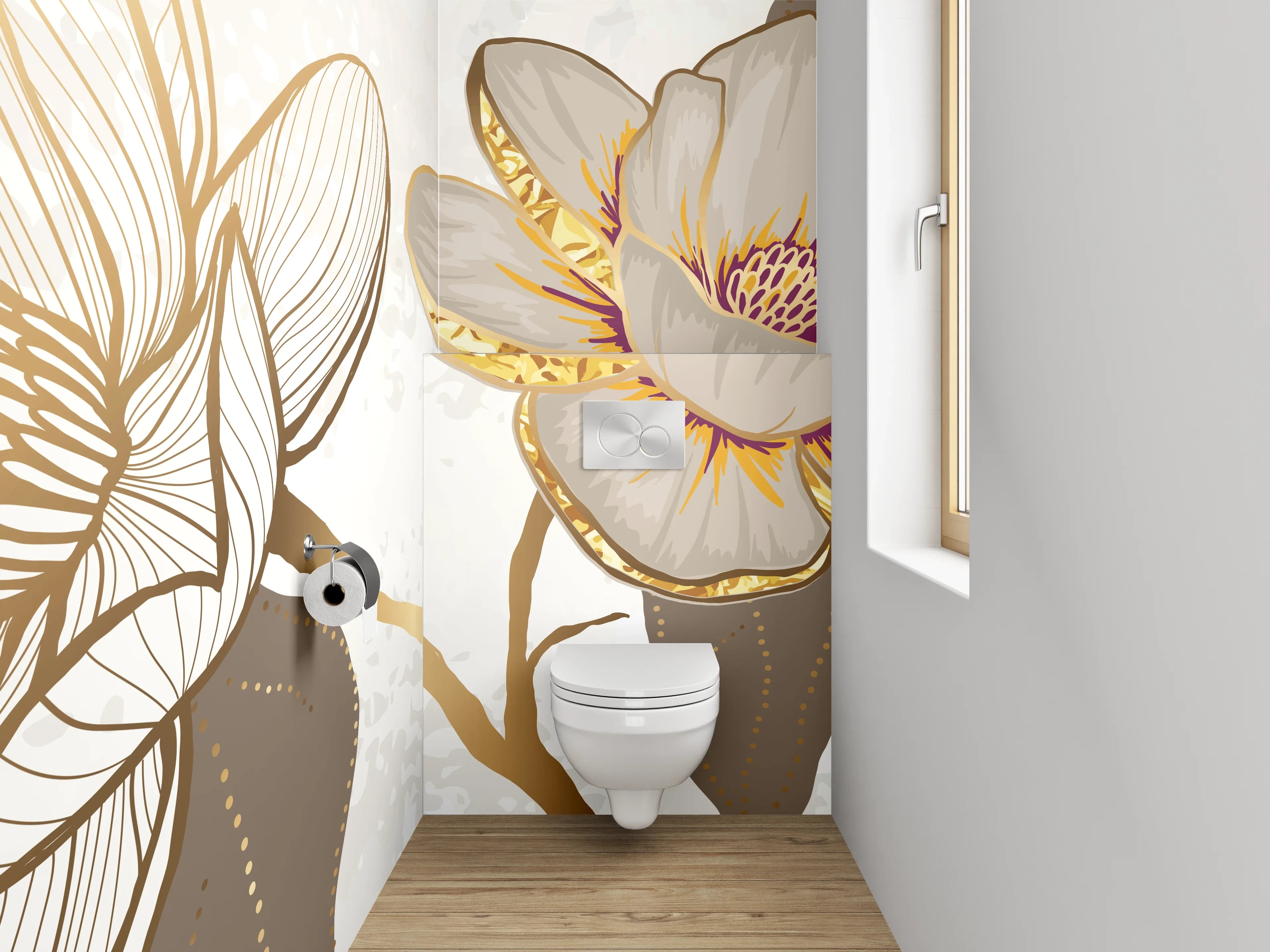 WC-Rückwand - Magnolien Lineart mit Goldakzenten