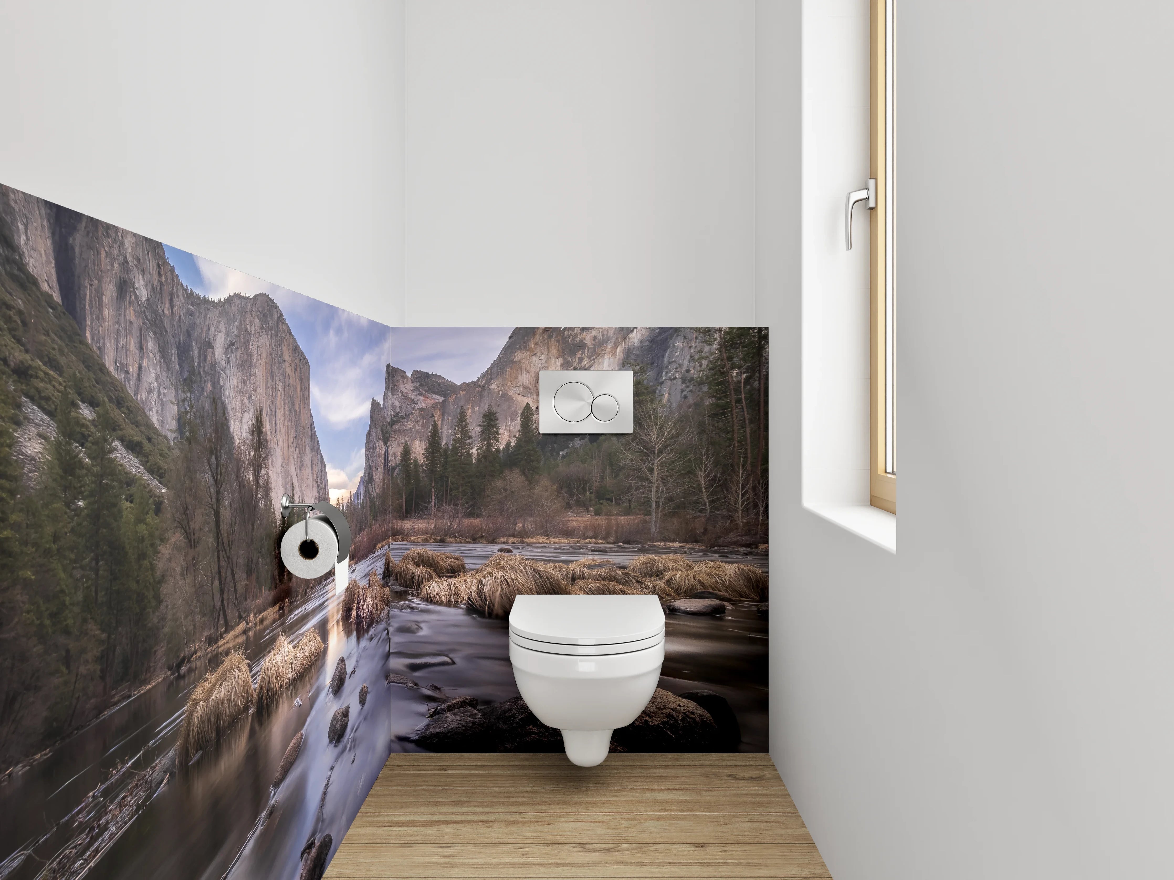 WC-Rückwand - Majestätische Berge am Flussufer