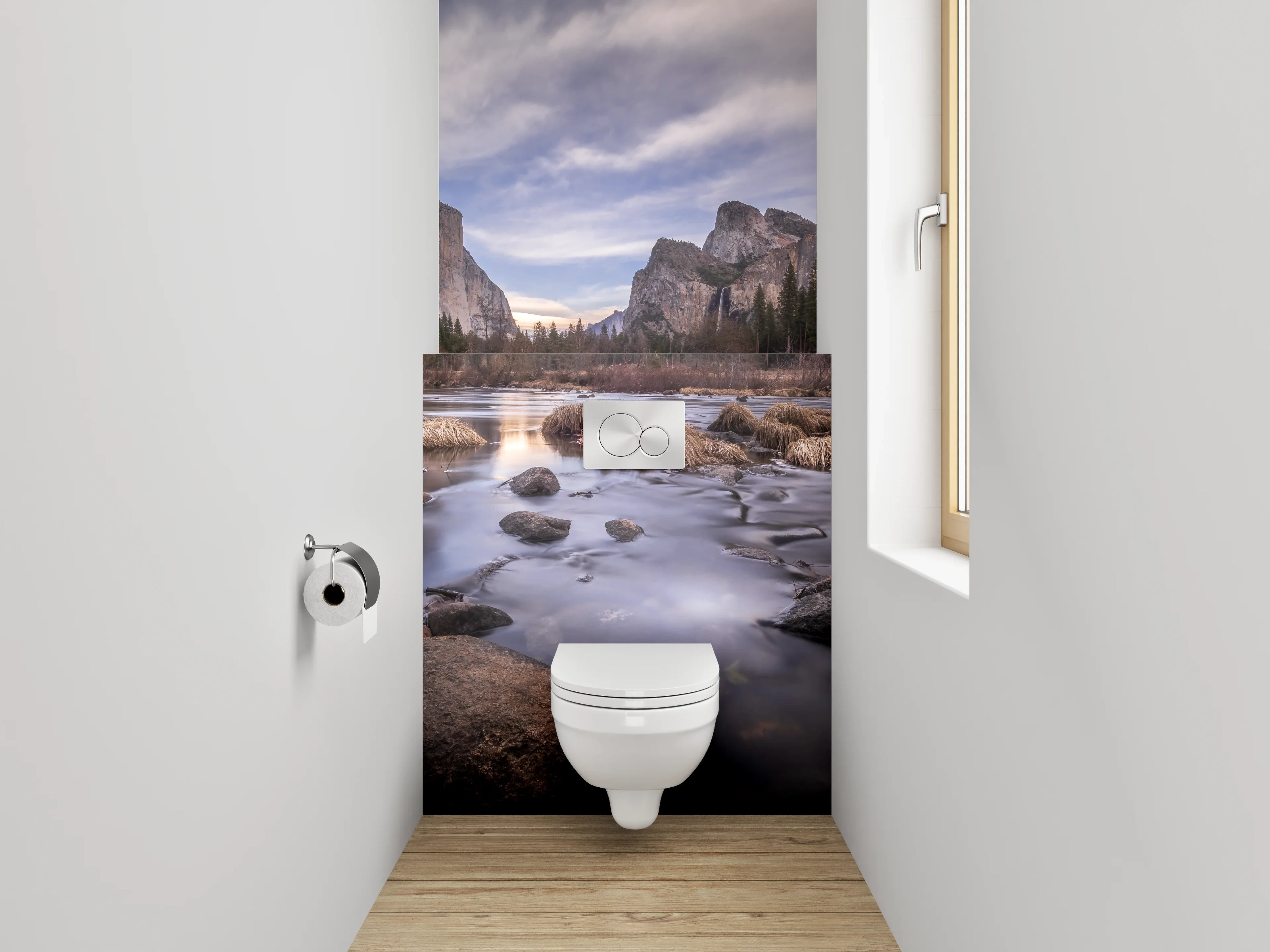 WC-Rückwand - Majestätische Berge am Flussufer