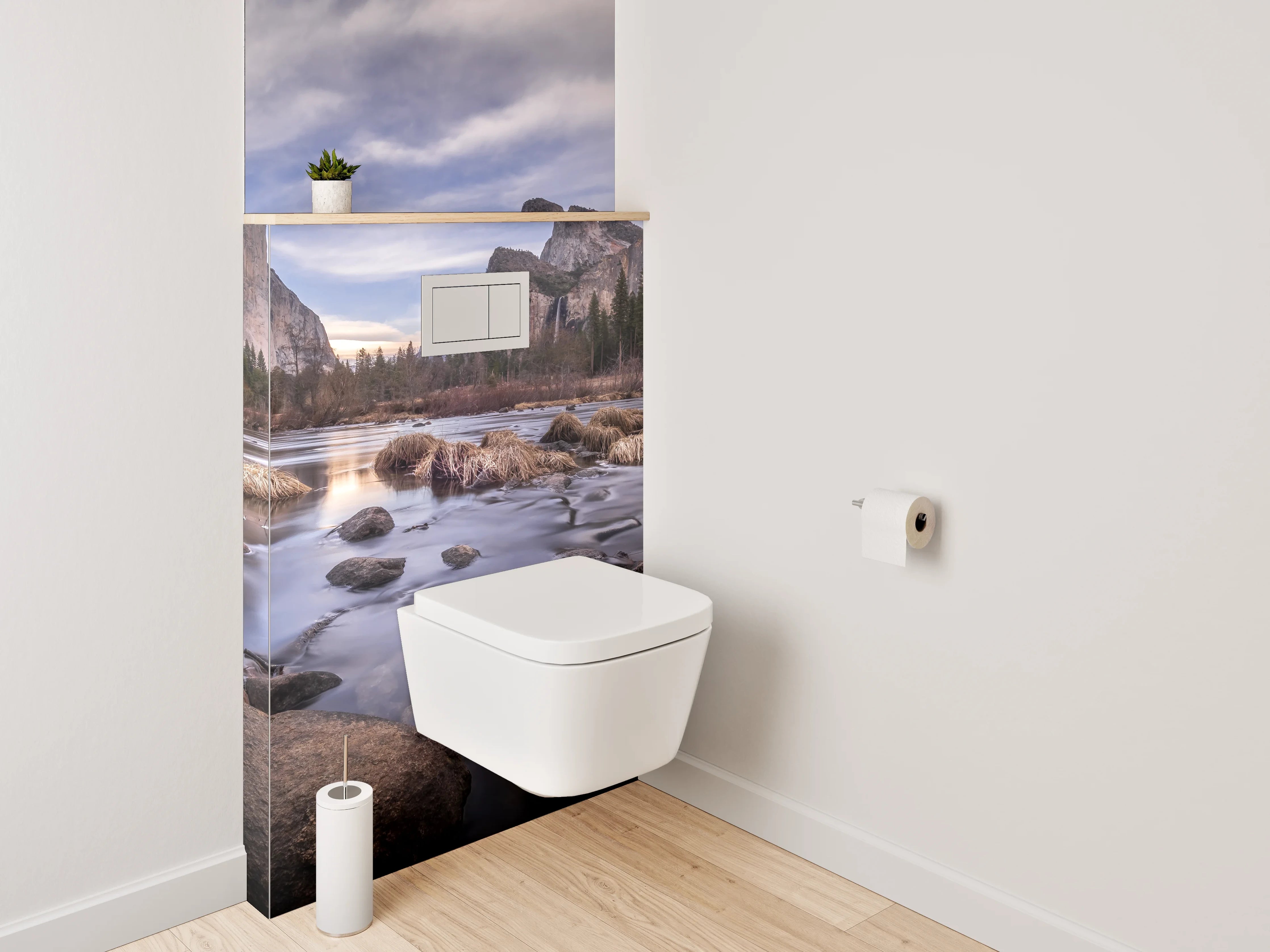 WC-Rückwand - Majestätische Berge am Flussufer