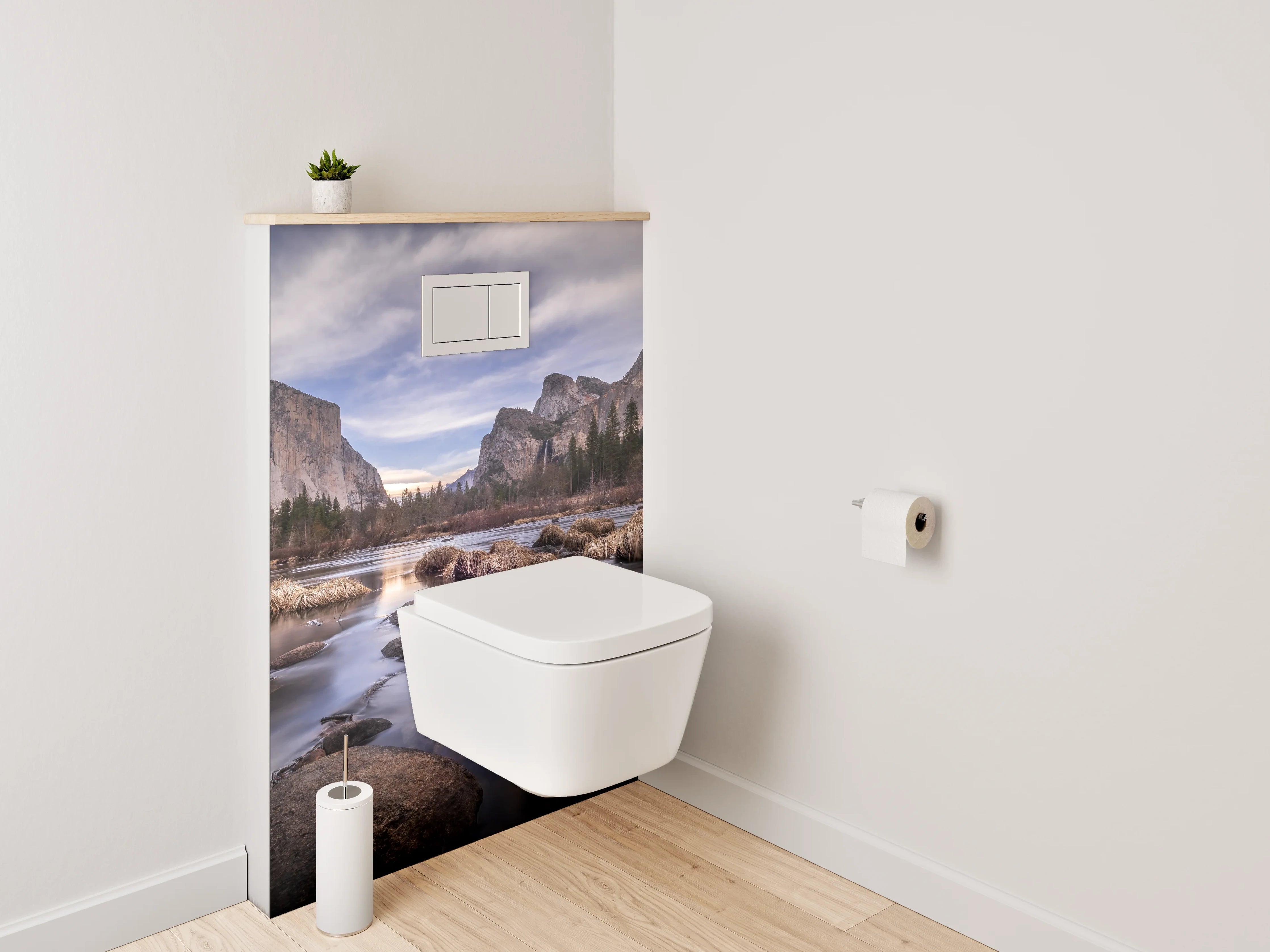 WC-Rückwand - Majestätische Berge am Flussufer