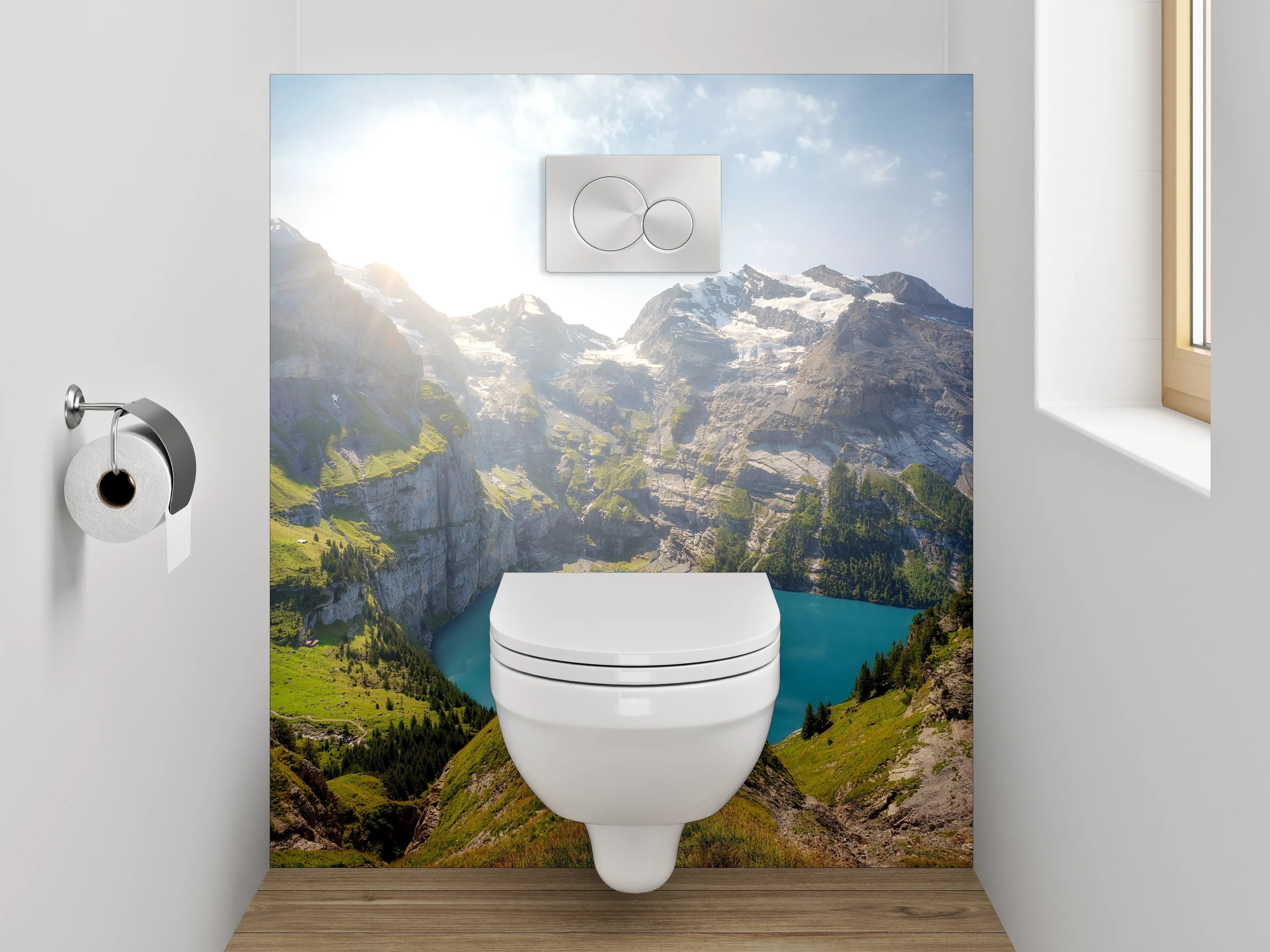 WC-Rückwand - Majestätische Berge am klaren Bergsee