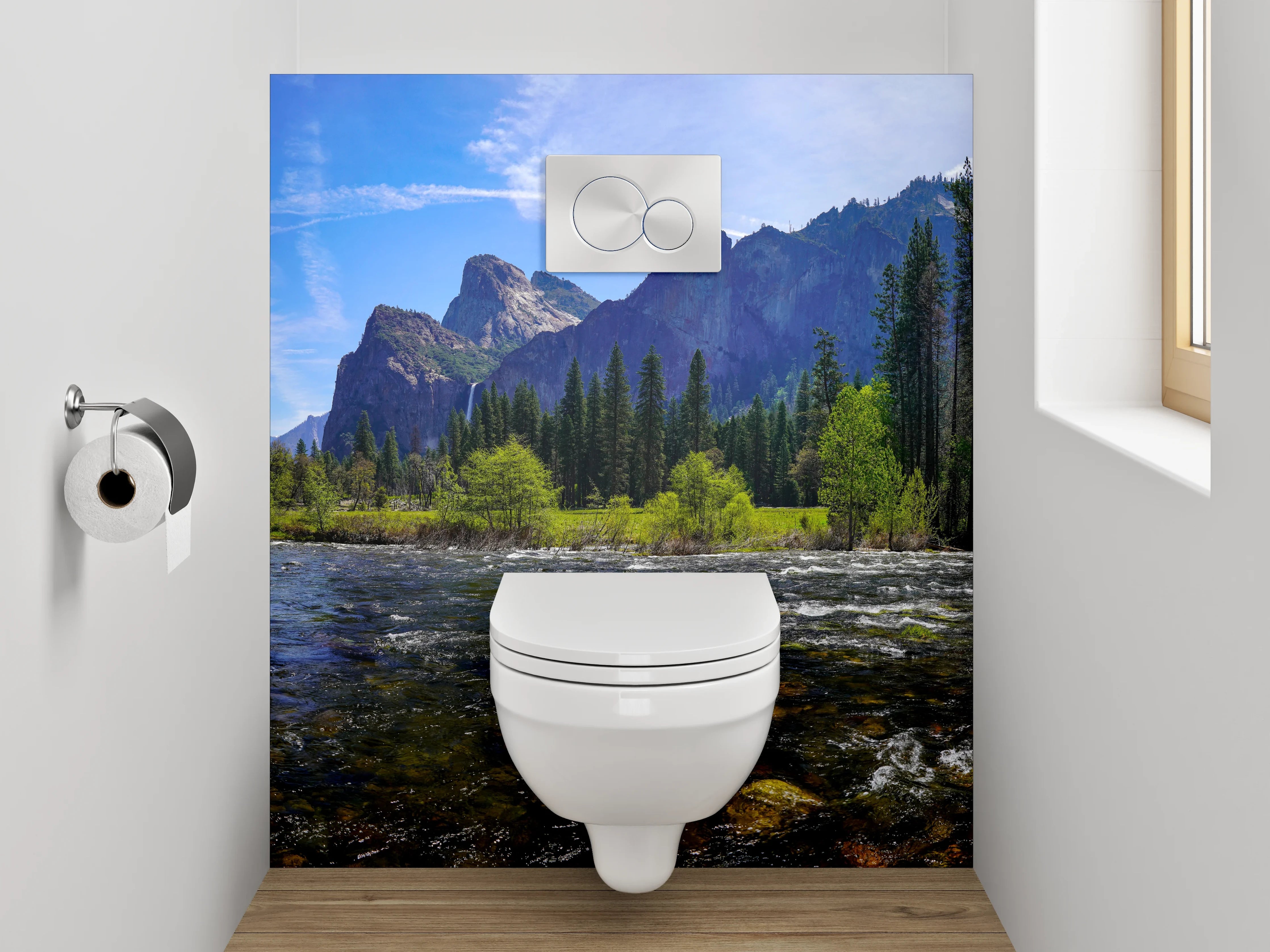 WC-Rückwand - Majestätische Berglandschaft am Fluss