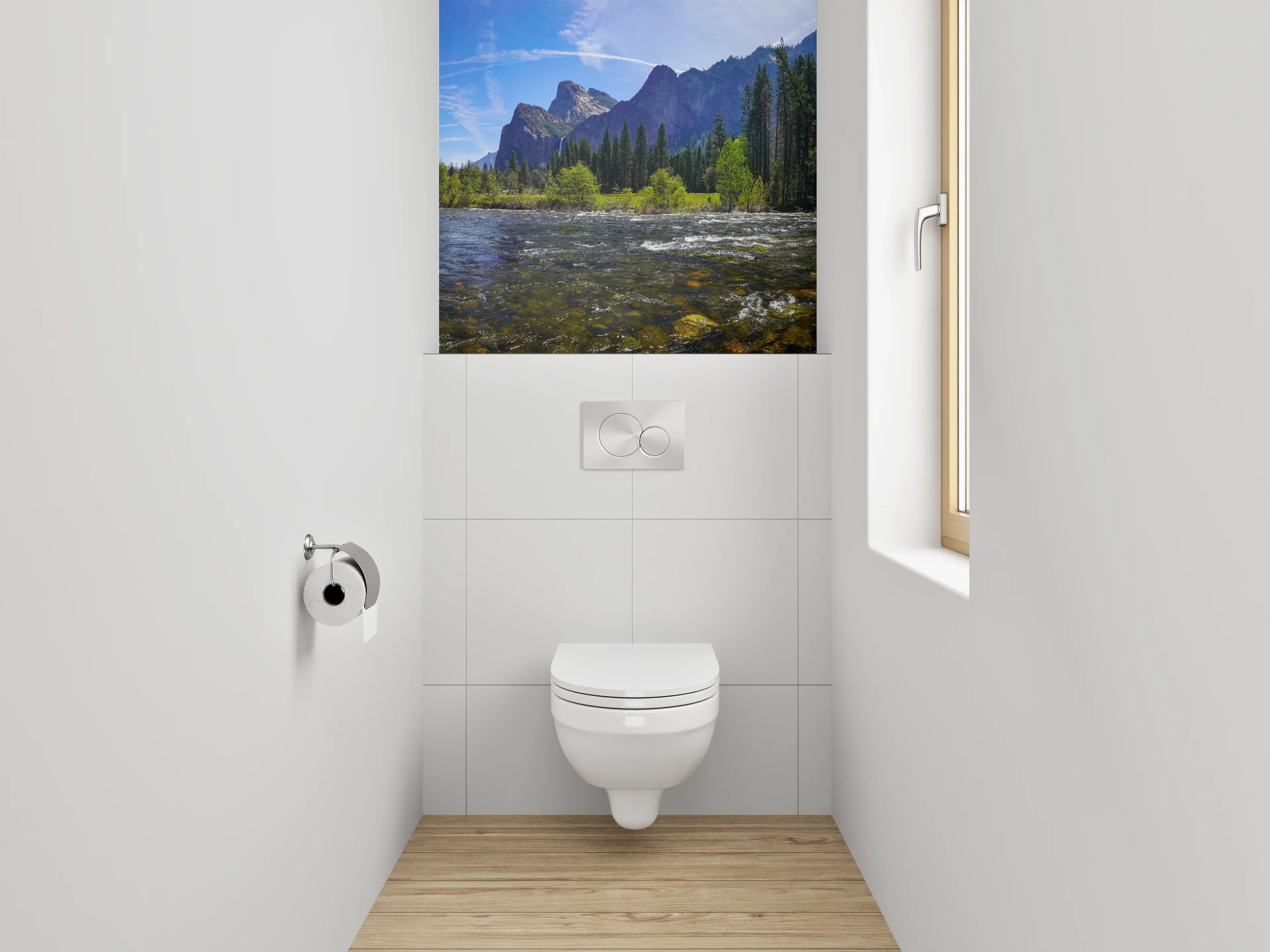 WC-Rückwand - Majestätische Berglandschaft am Fluss
