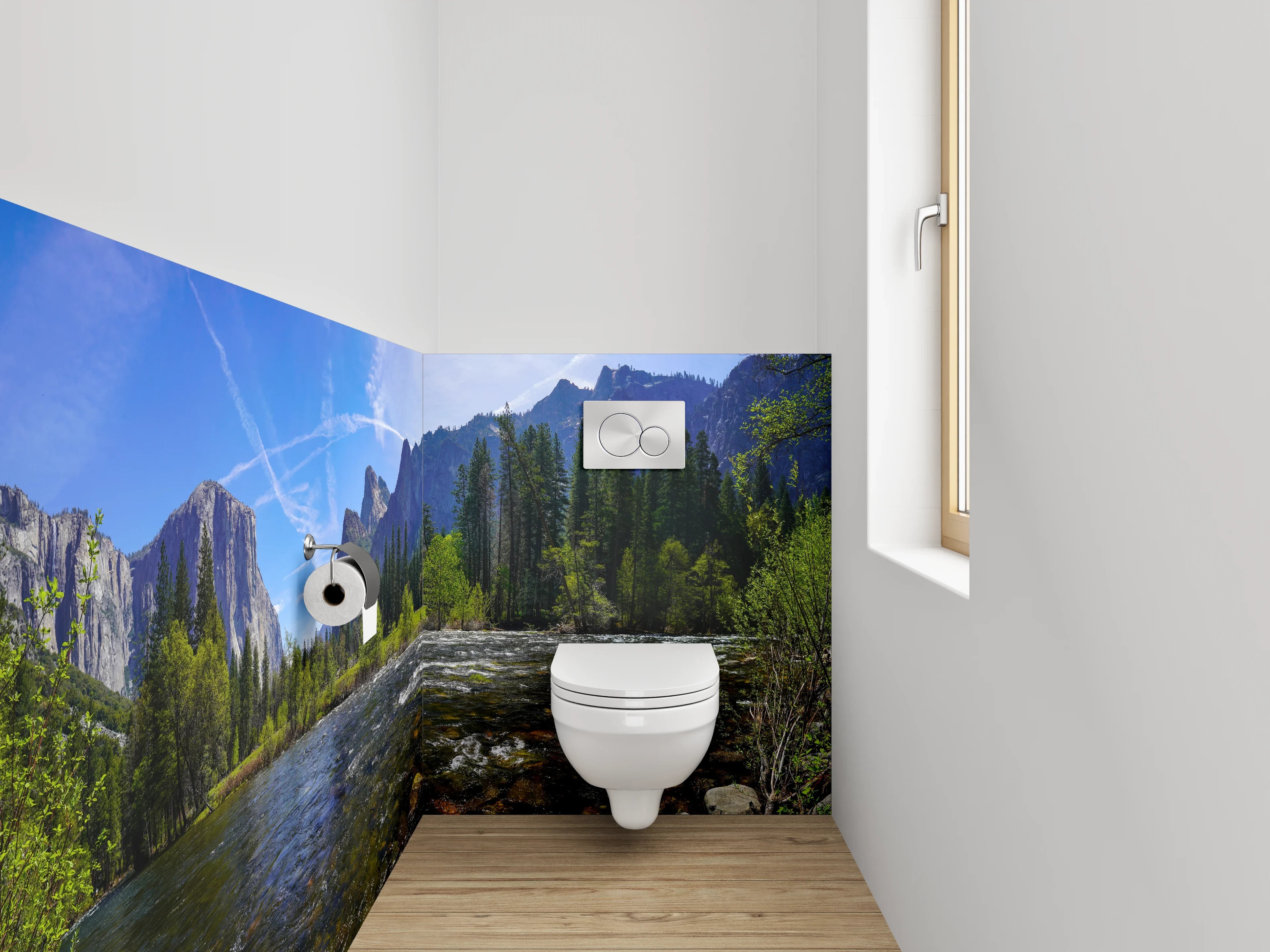 WC-Rückwand - Majestätische Berglandschaft am Fluss