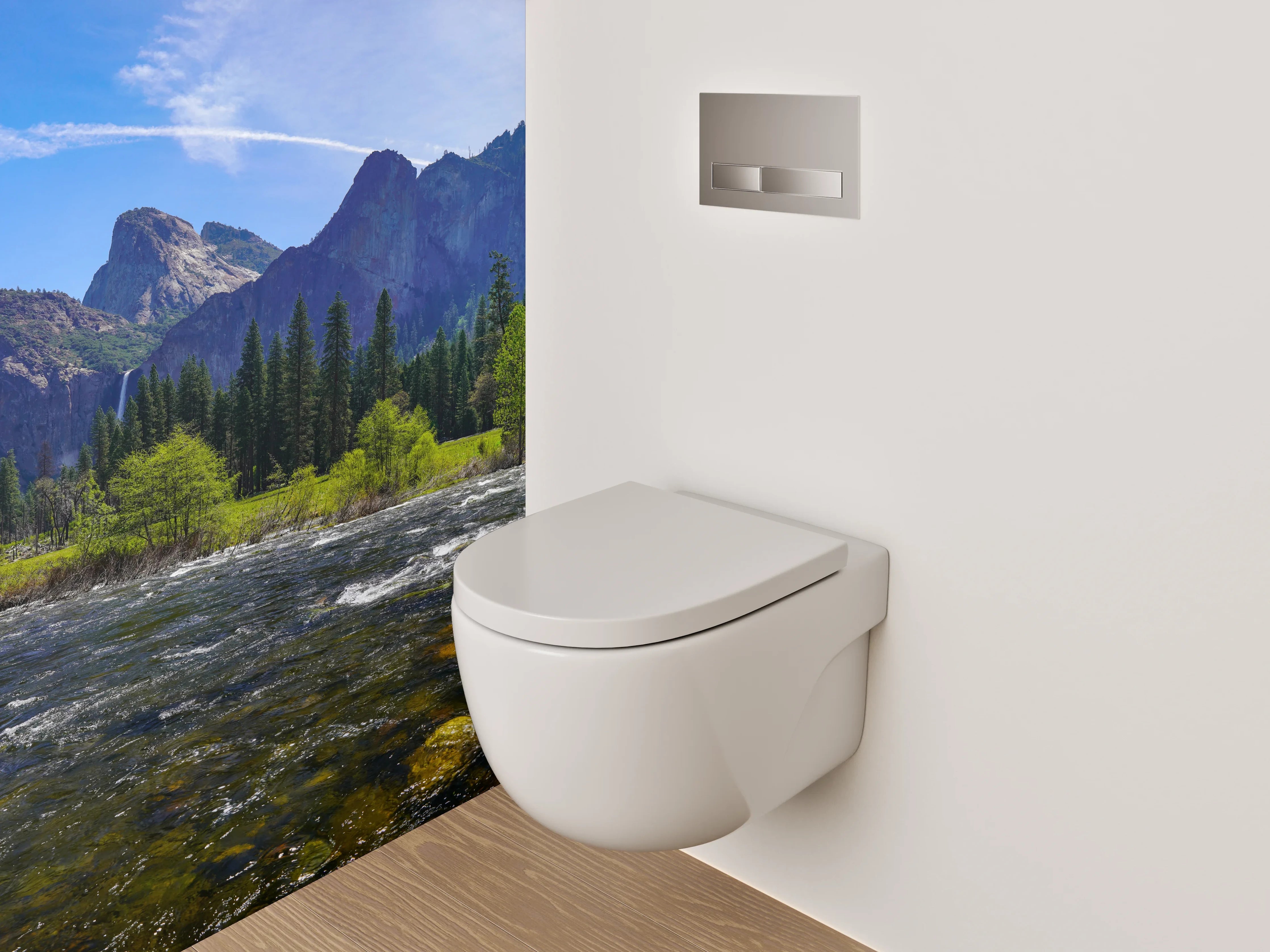 WC-Rückwand - Majestätische Berglandschaft am Fluss