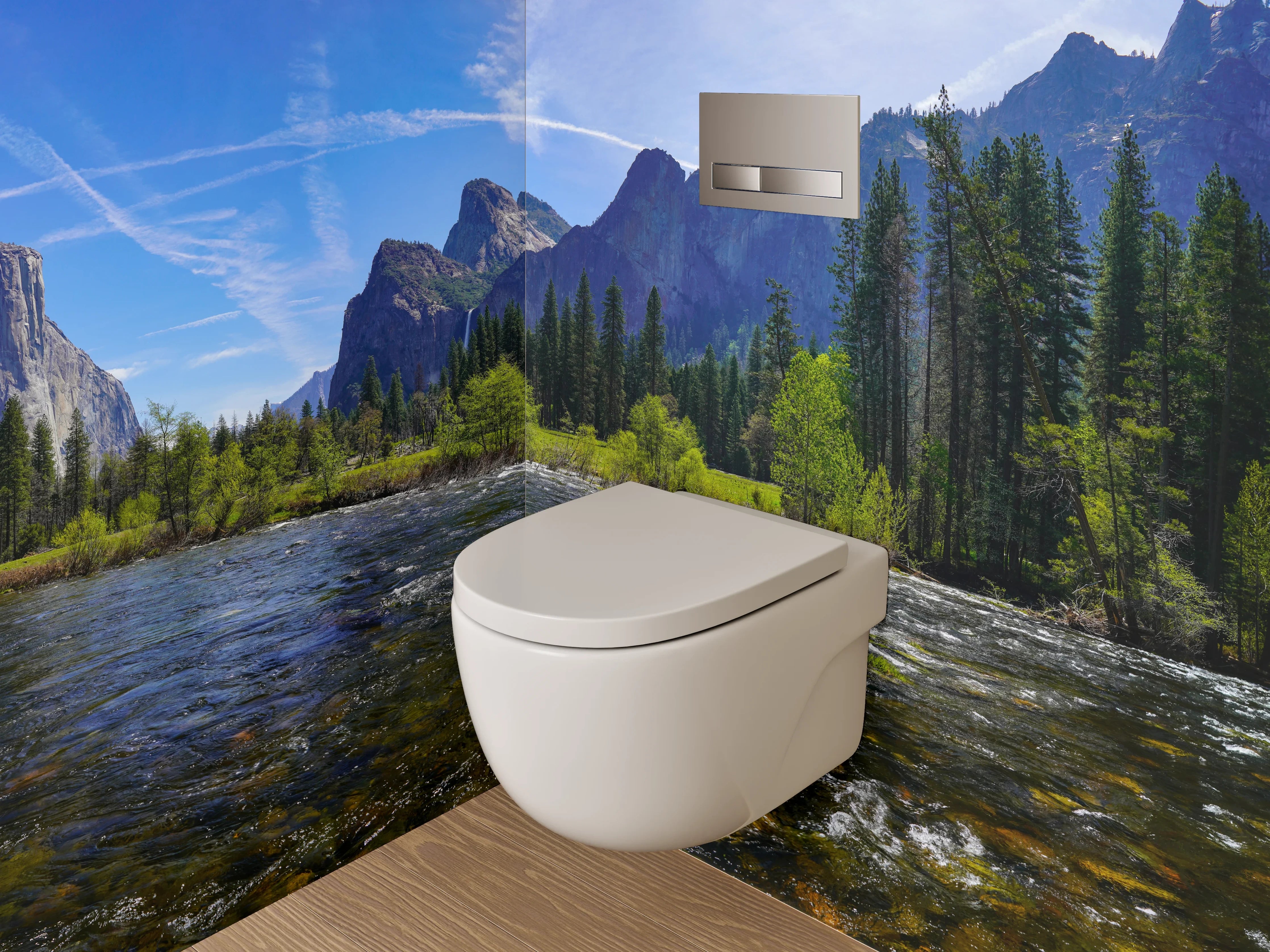 WC-Rückwand - Majestätische Berglandschaft am Fluss