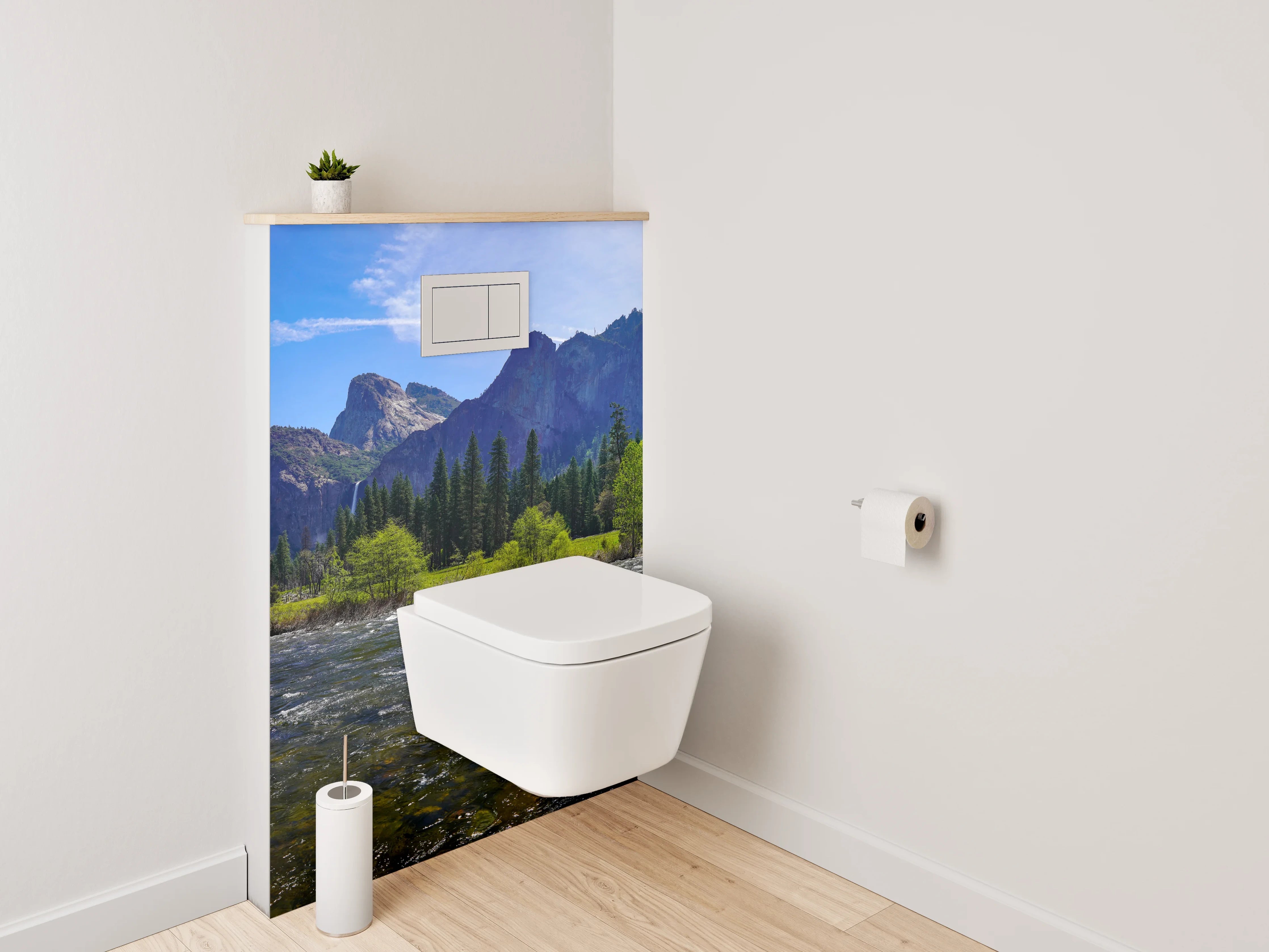 WC-Rückwand - Majestätische Berglandschaft am Fluss