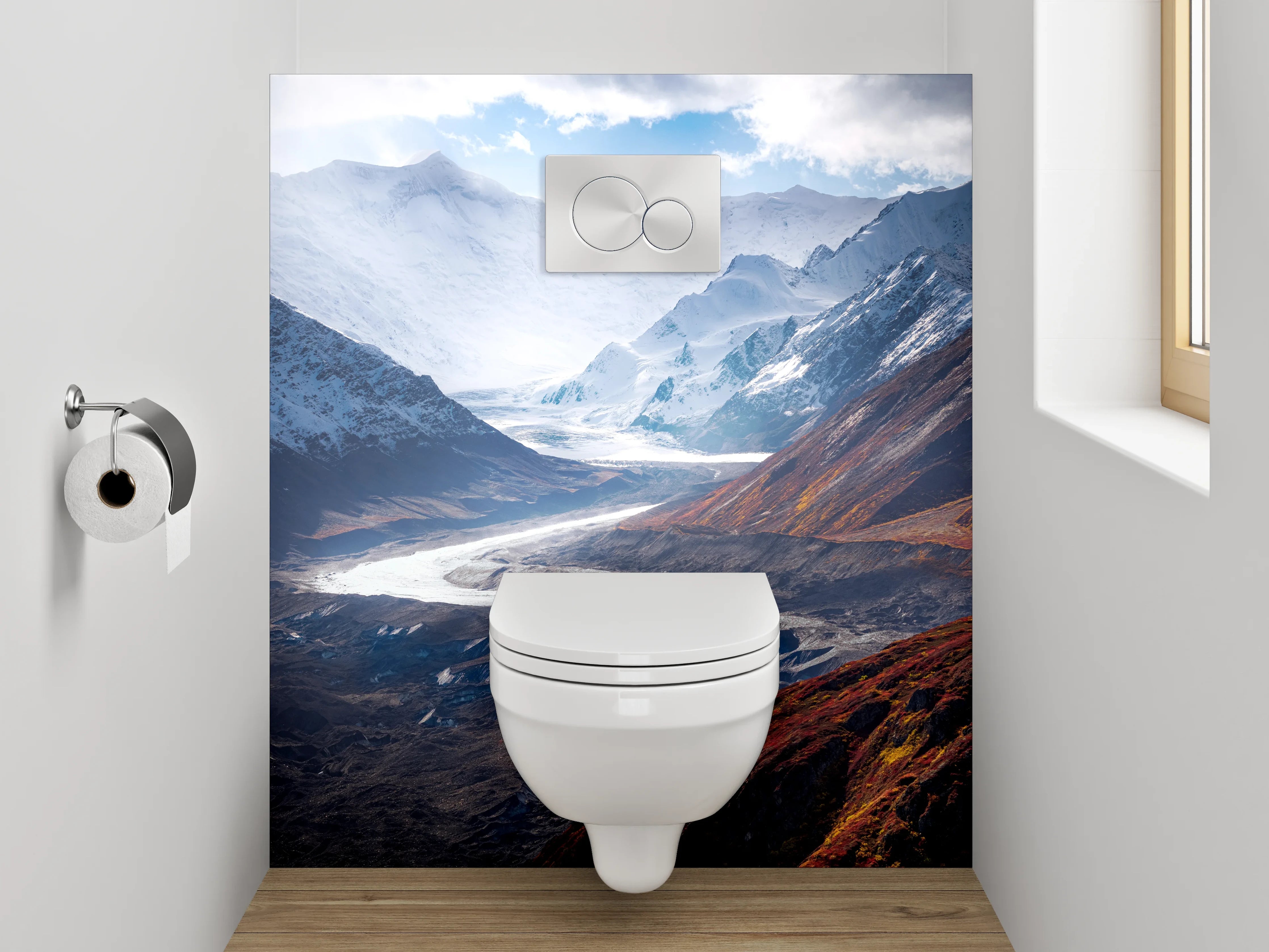 WC-Rückwand - Majestätische Berglandschaft mit Gletscherfluss