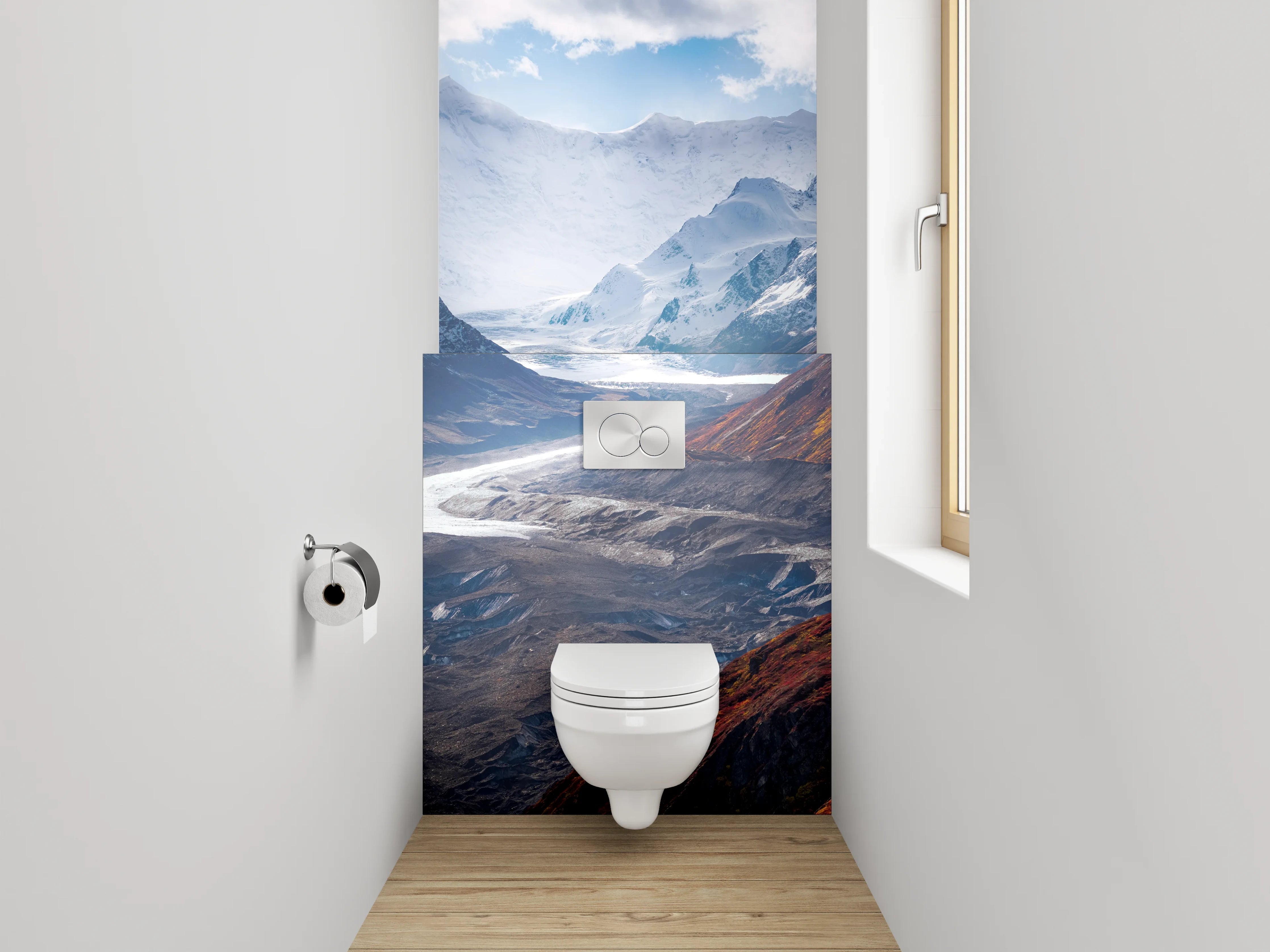 WC-Rückwand - Majestätische Berglandschaft mit Gletscherfluss