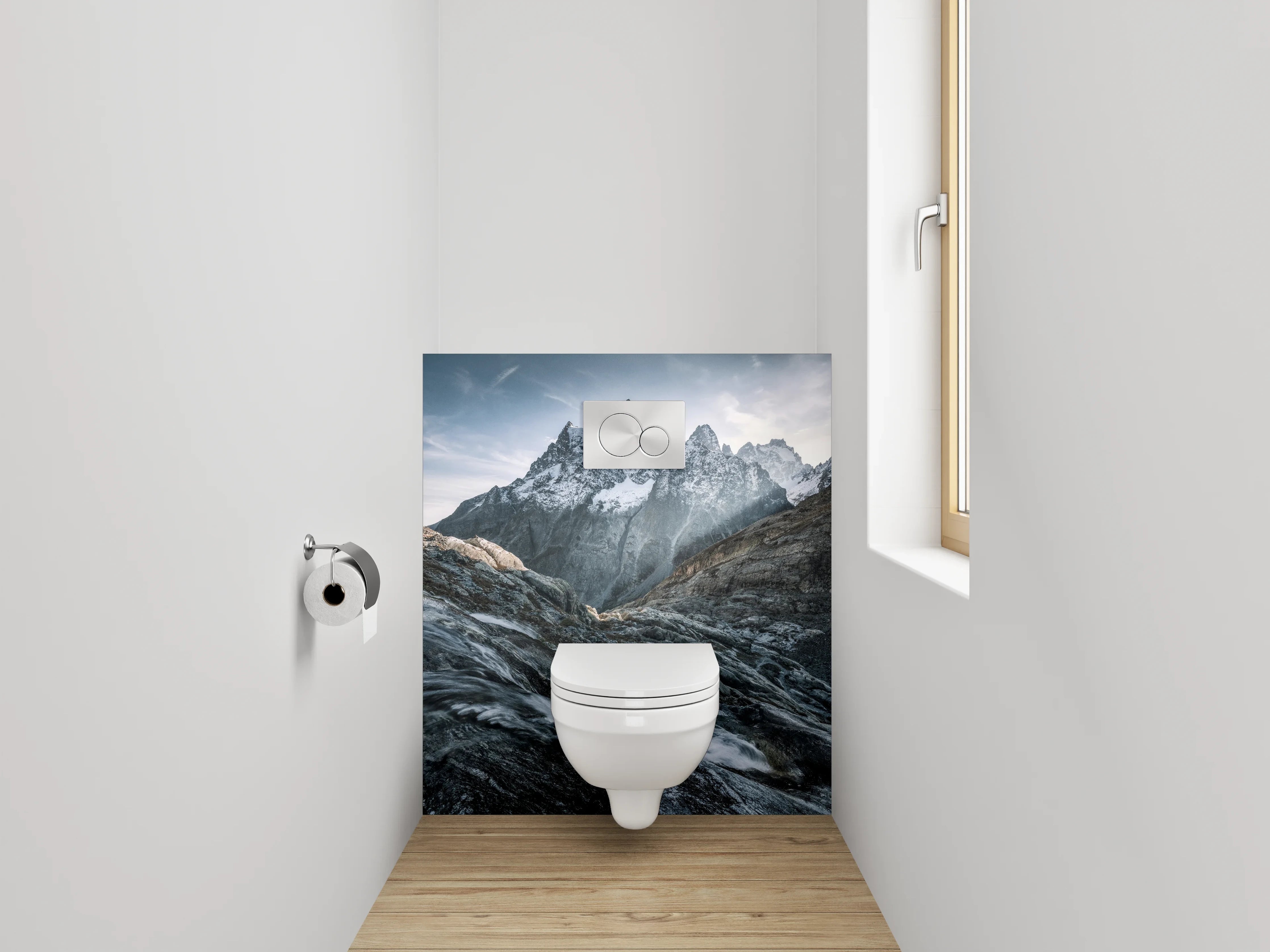 WC-Rückwand - Majestätische Berglandschaft mit Wasserlauf