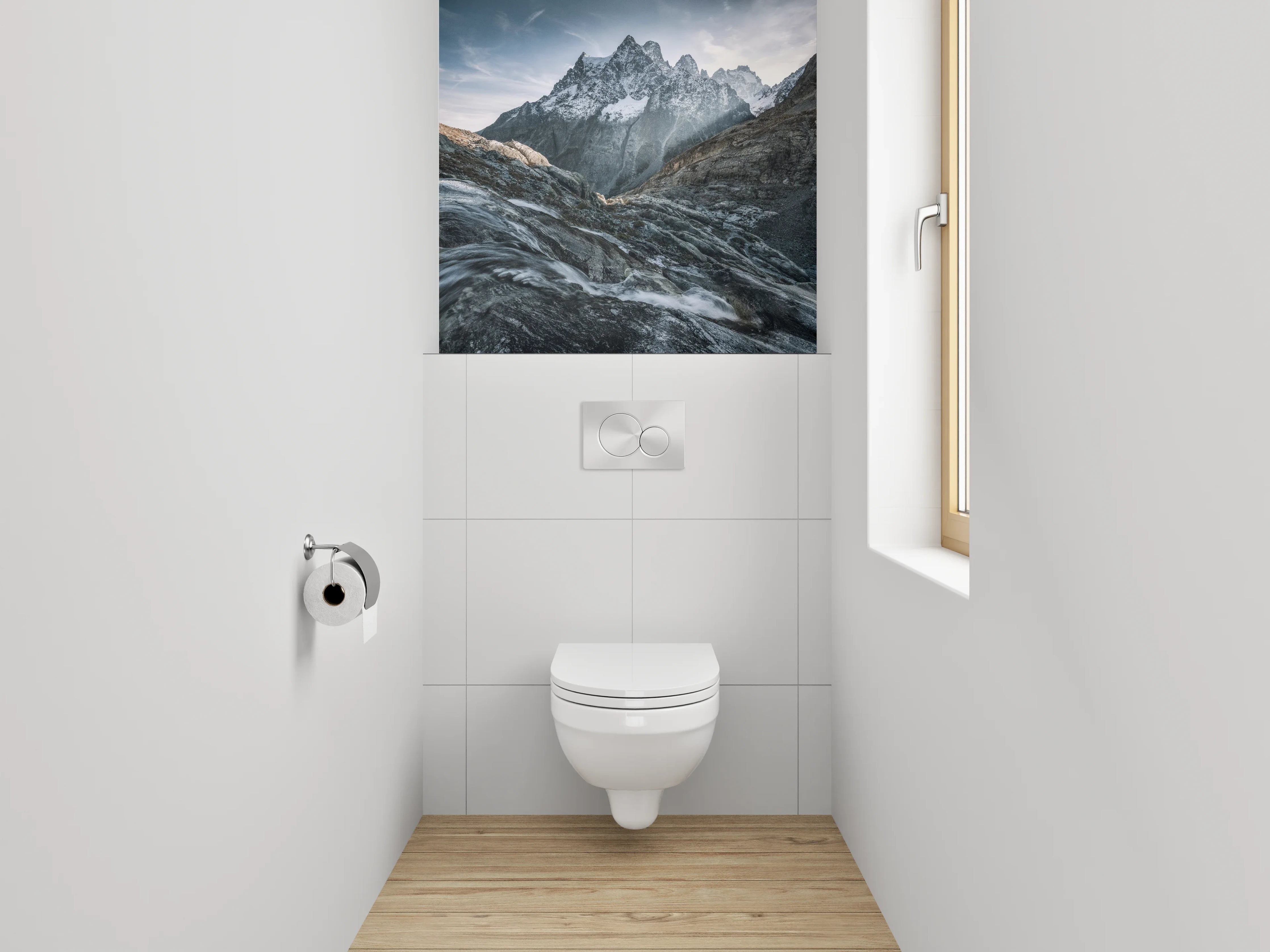 WC-Rückwand - Majestätische Berglandschaft mit Wasserlauf
