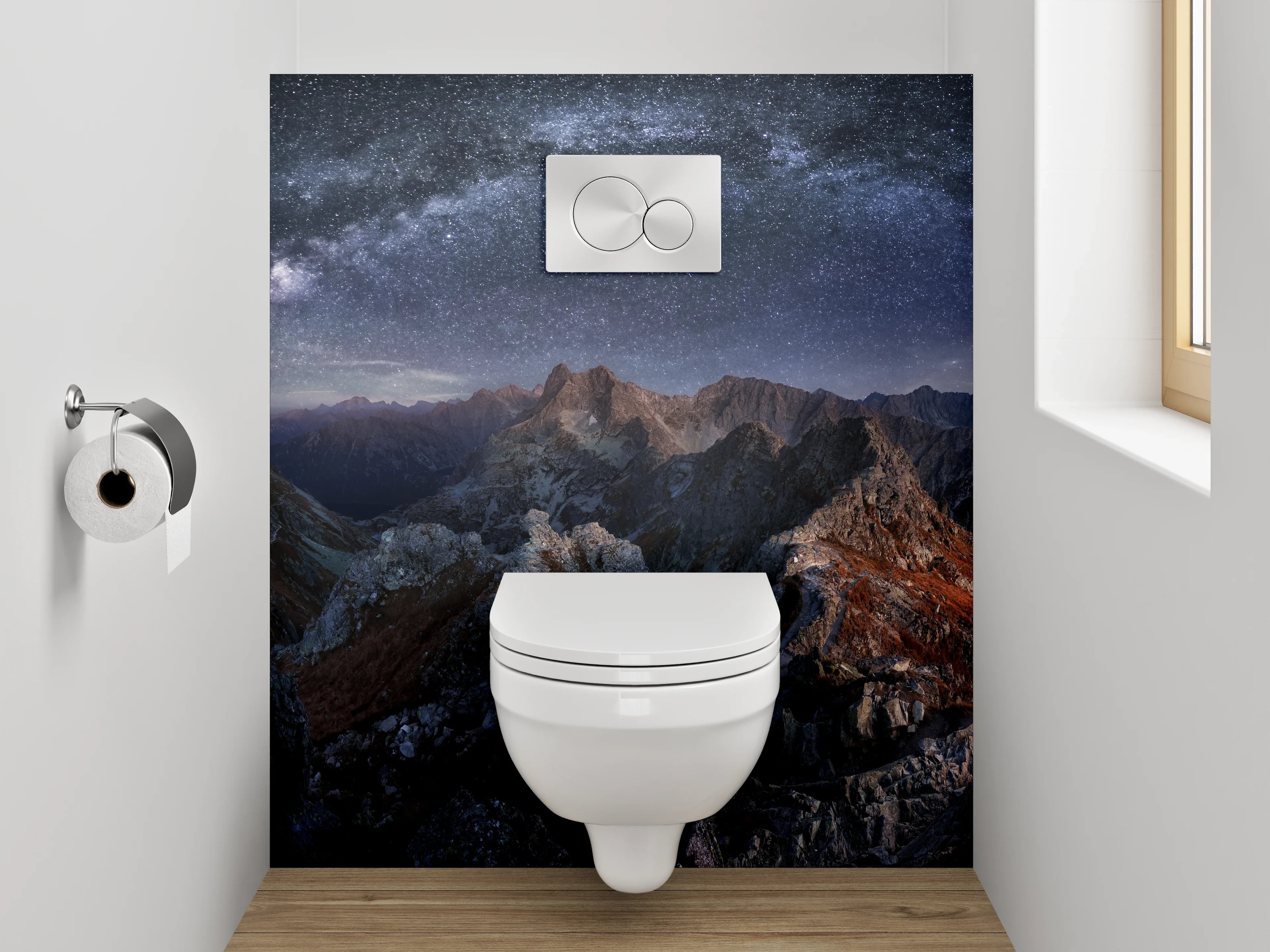 WC-Rückwand - Majestätische Berglandschaft unter Sternenhimmel
