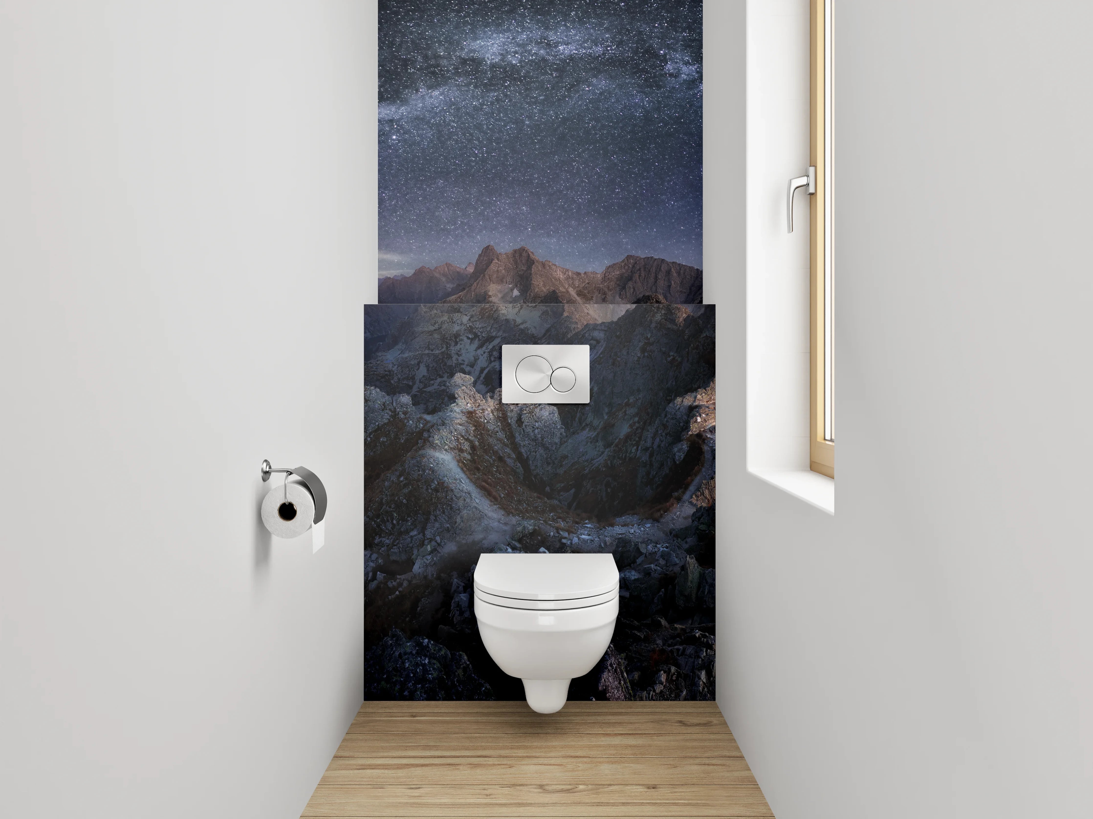 WC-Rückwand - Majestätische Berglandschaft unter Sternenhimmel