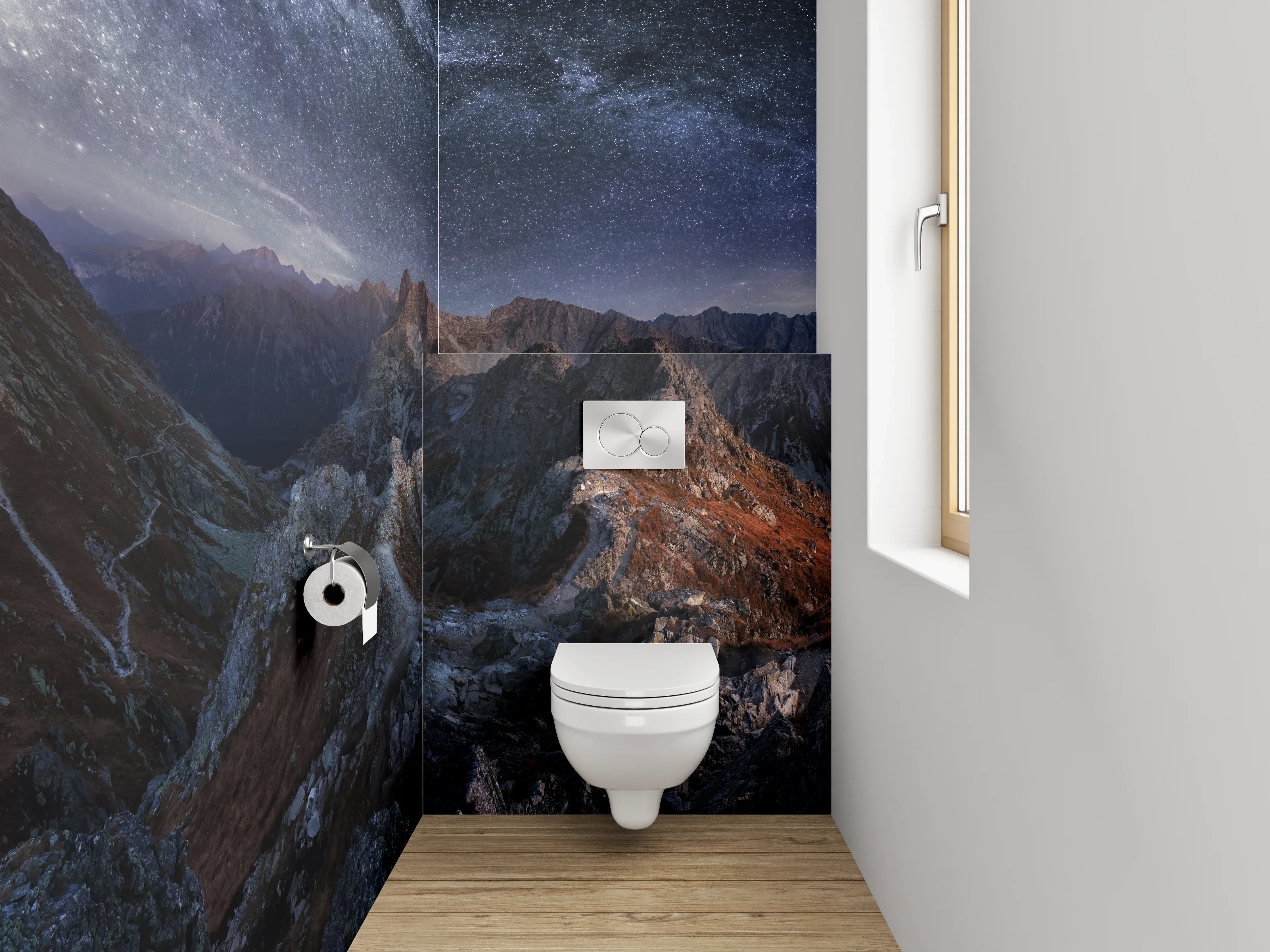 WC-Rückwand - Majestätische Berglandschaft unter Sternenhimmel