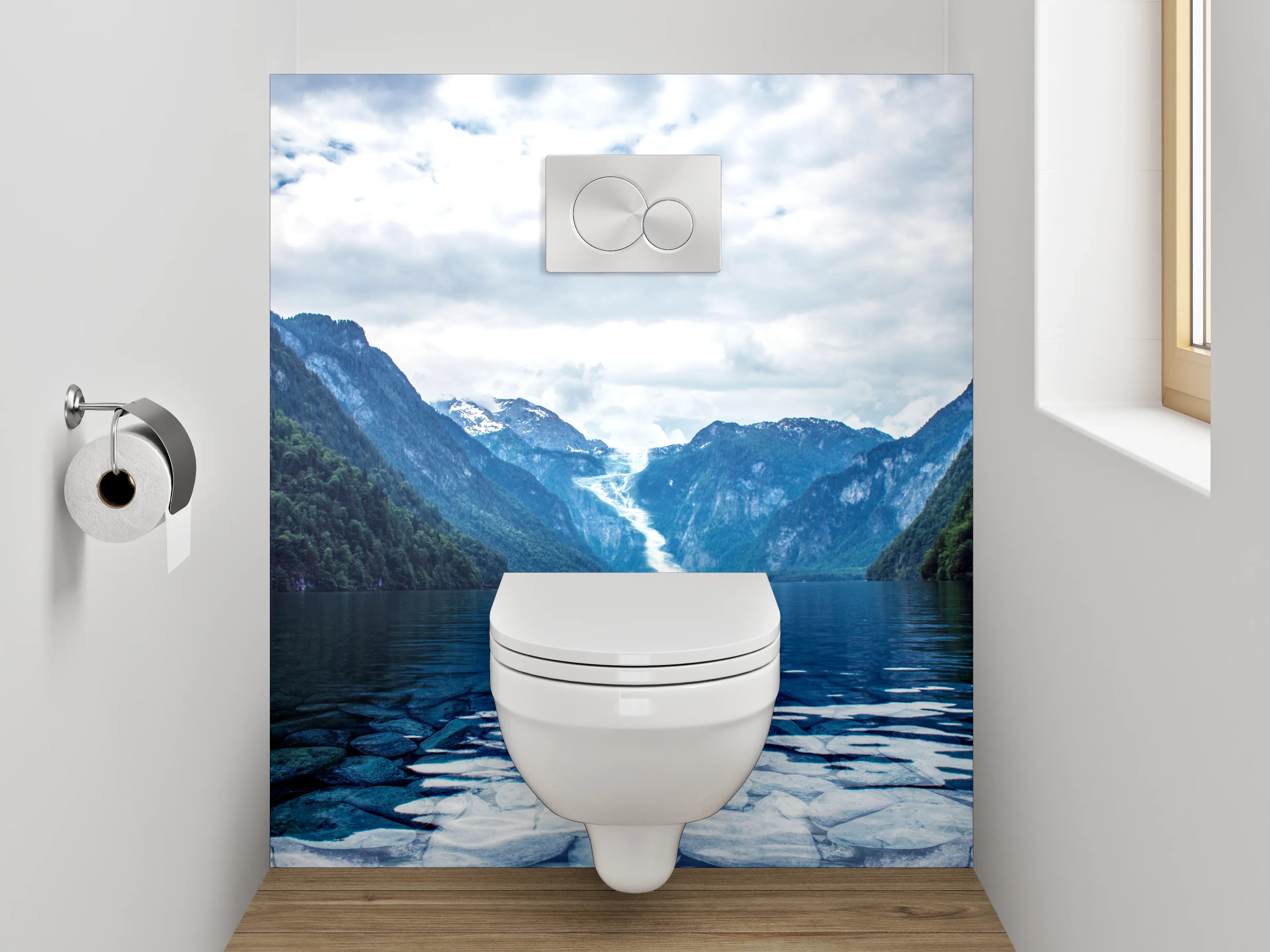 WC-Rückwand - Majestätischer Bergsee mit Wasserfall