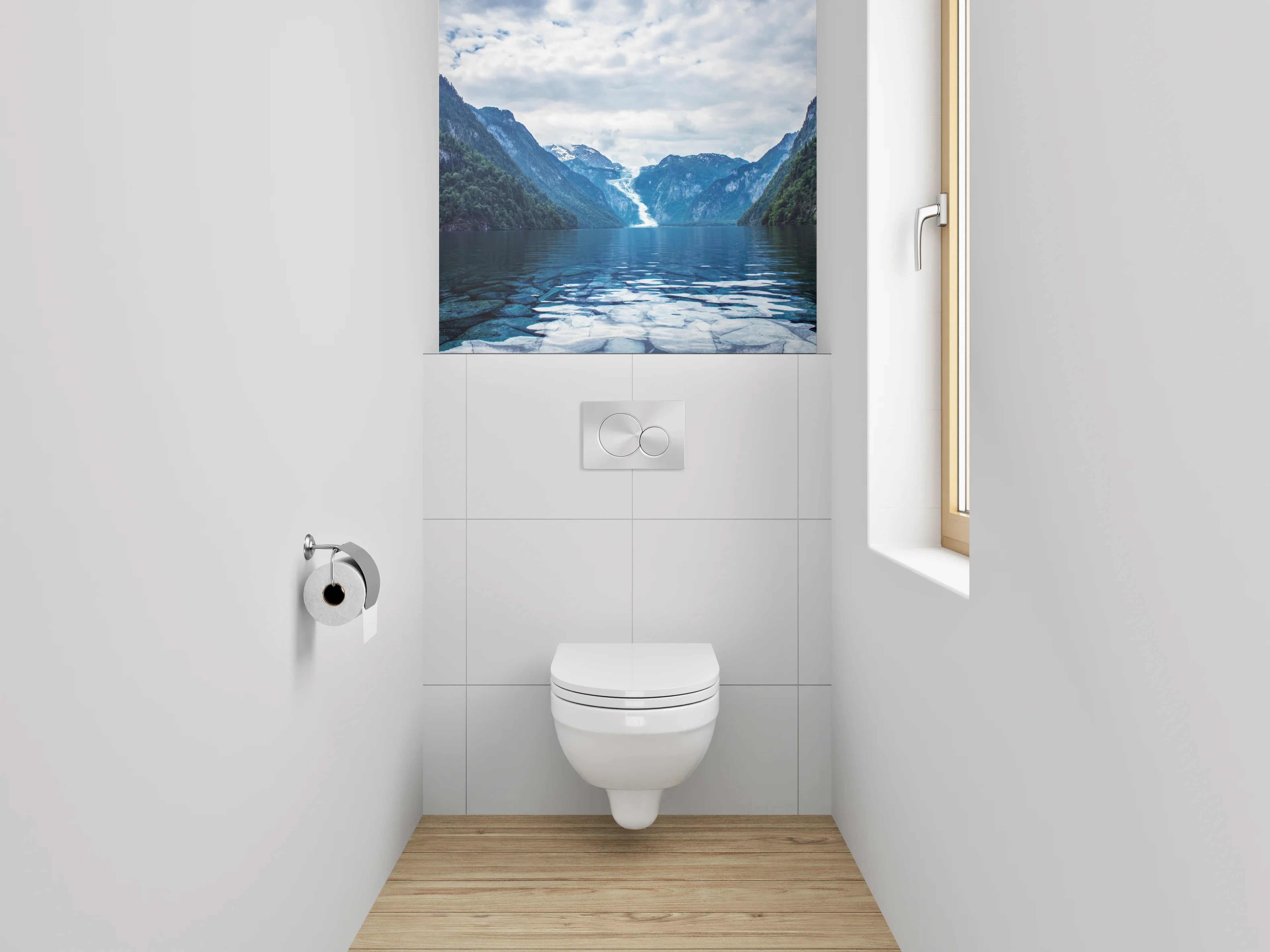WC-Rückwand - Majestätischer Bergsee mit Wasserfall