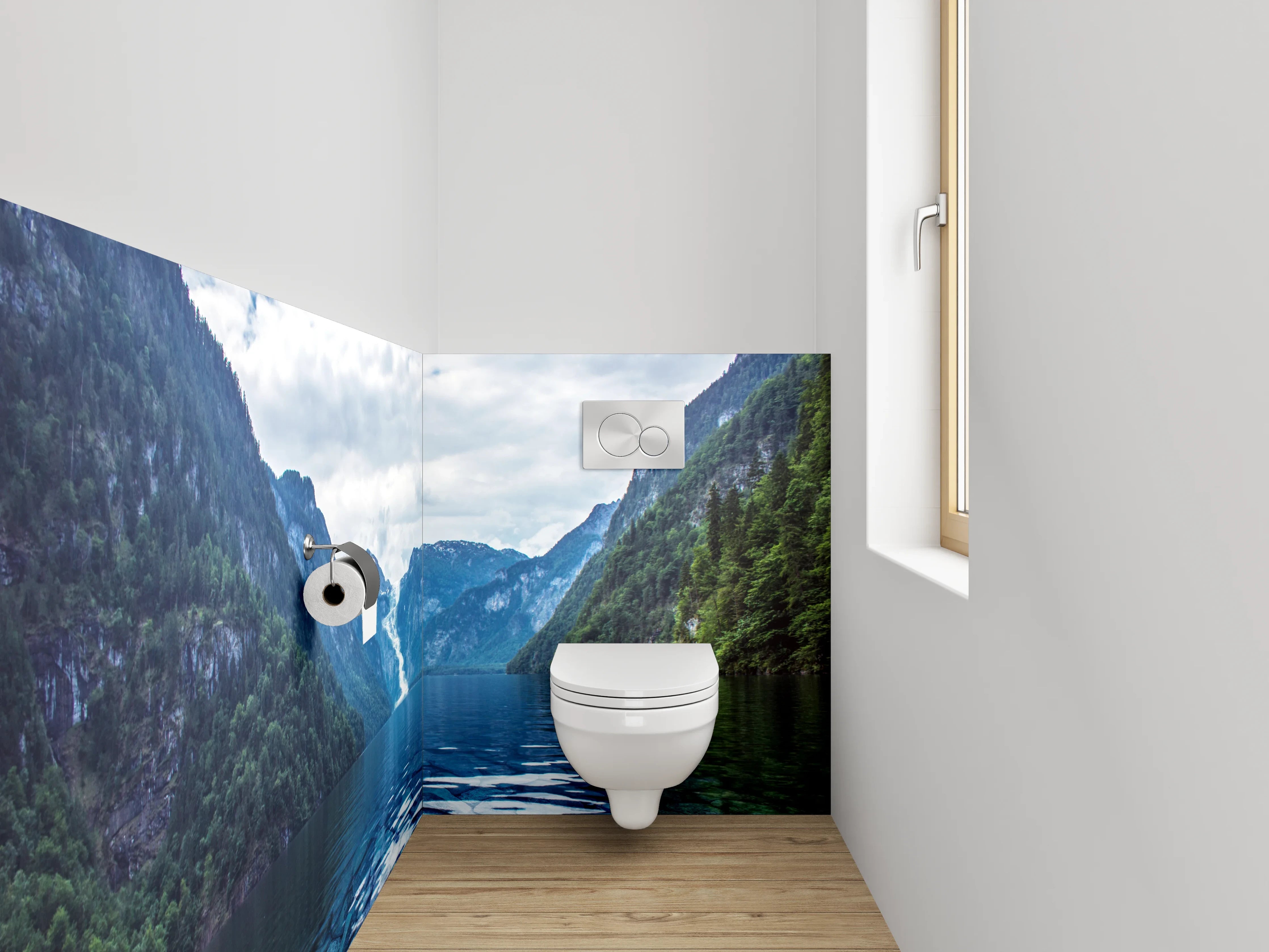WC-Rückwand - Majestätischer Bergsee mit Wasserfall