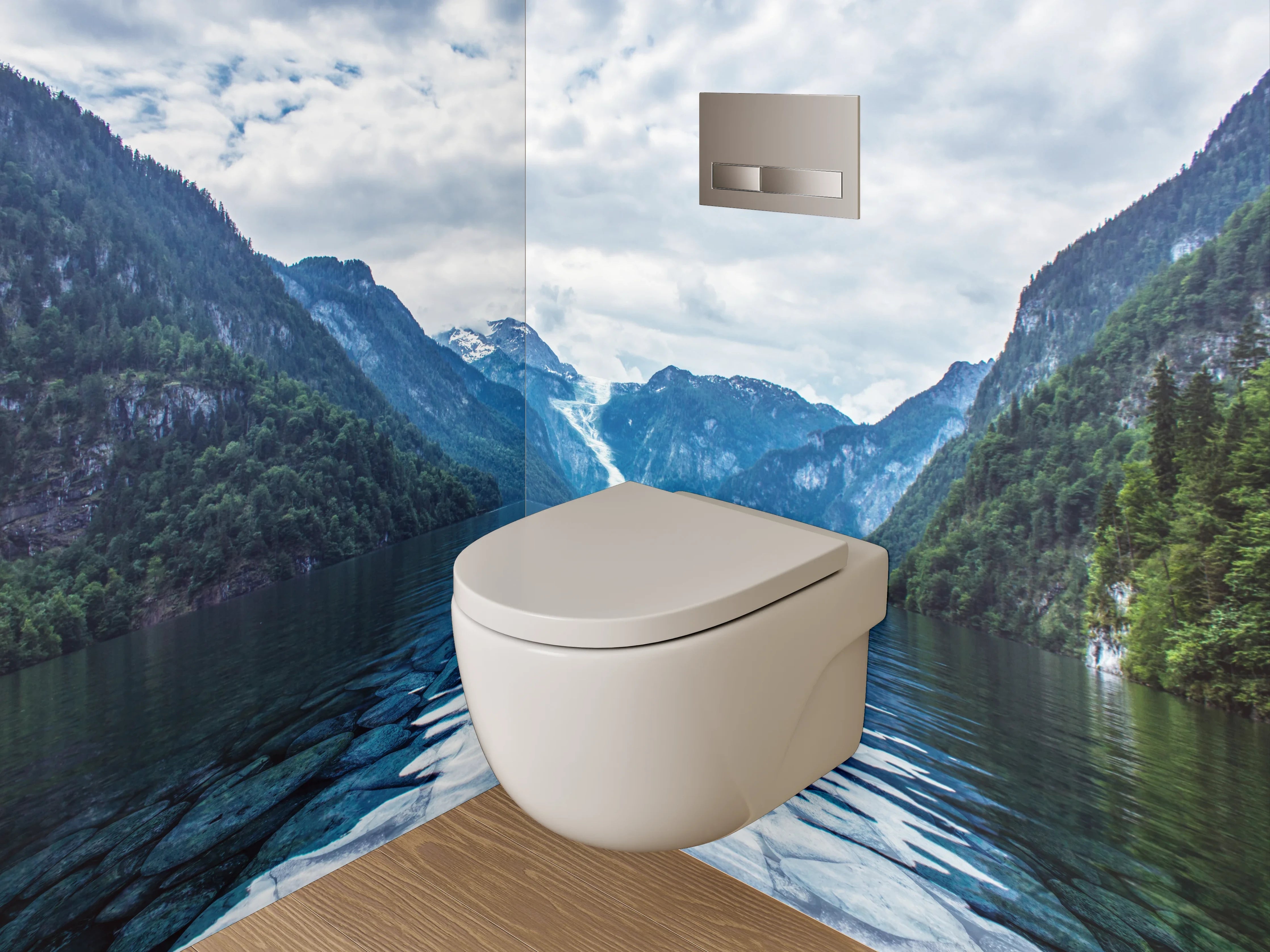 WC-Rückwand - Majestätischer Bergsee mit Wasserfall