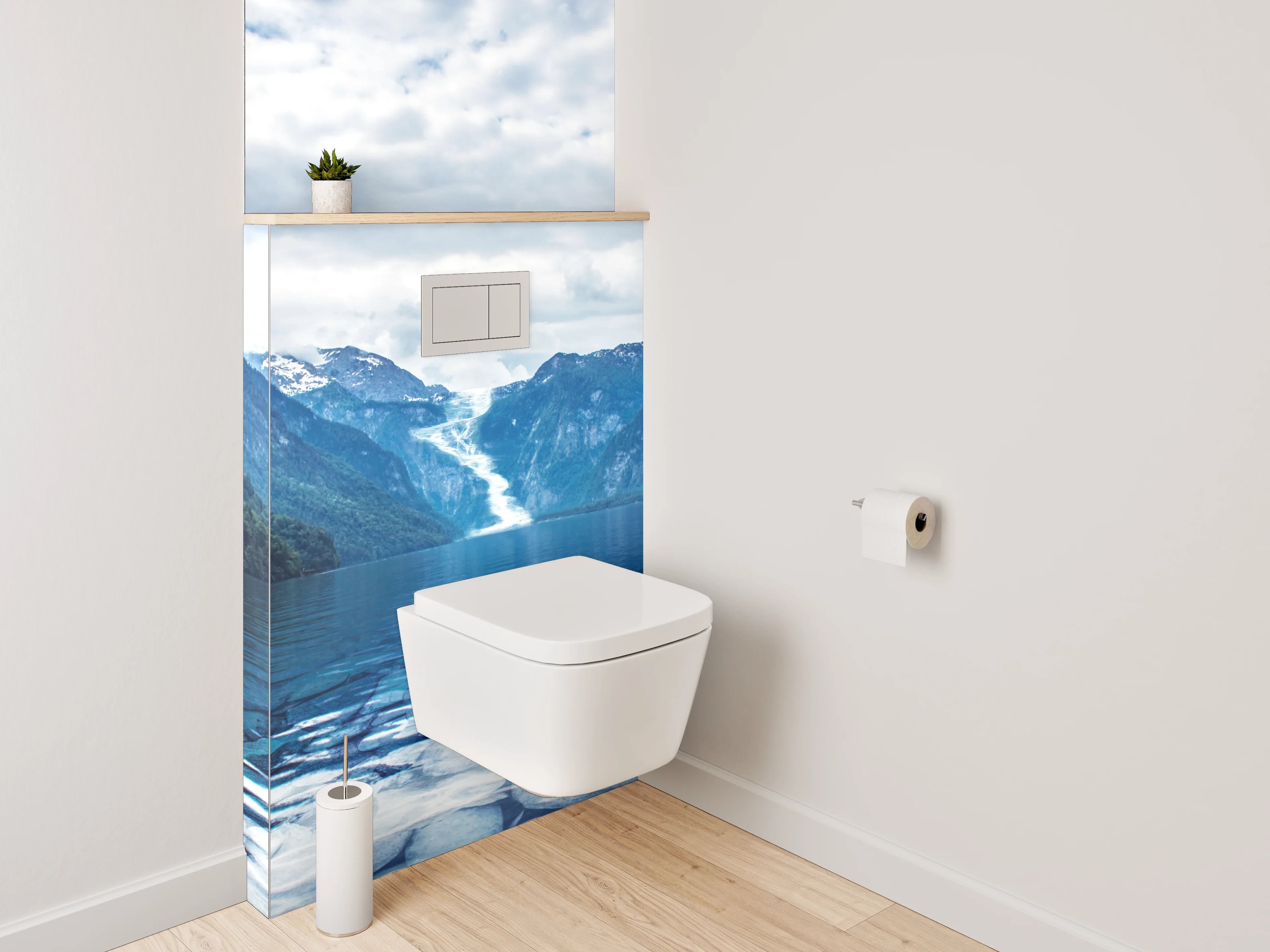 WC-Rückwand - Majestätischer Bergsee mit Wasserfall