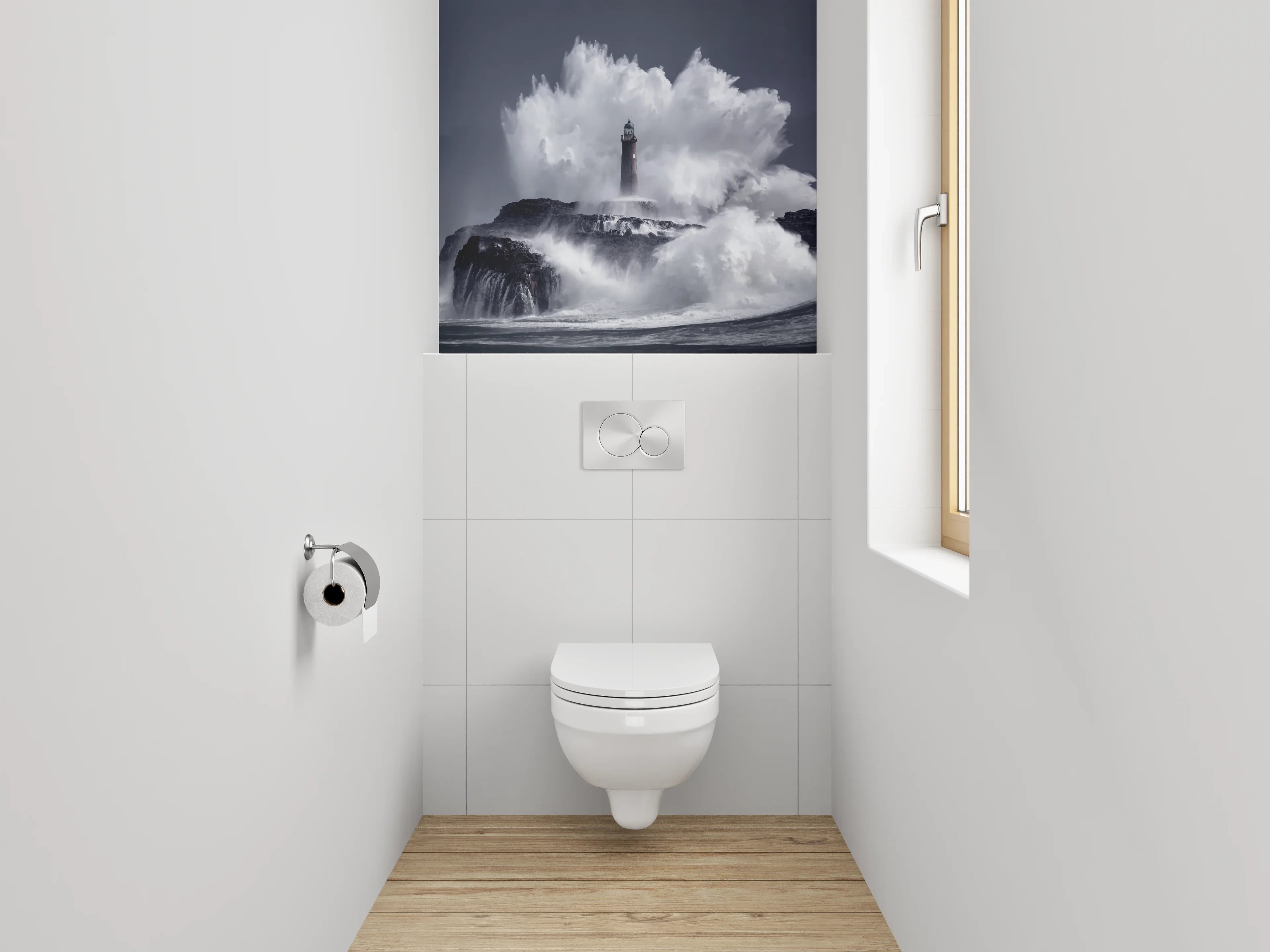 WC-Rückwand - Majestätischer Leuchtturm in Sturmfluten