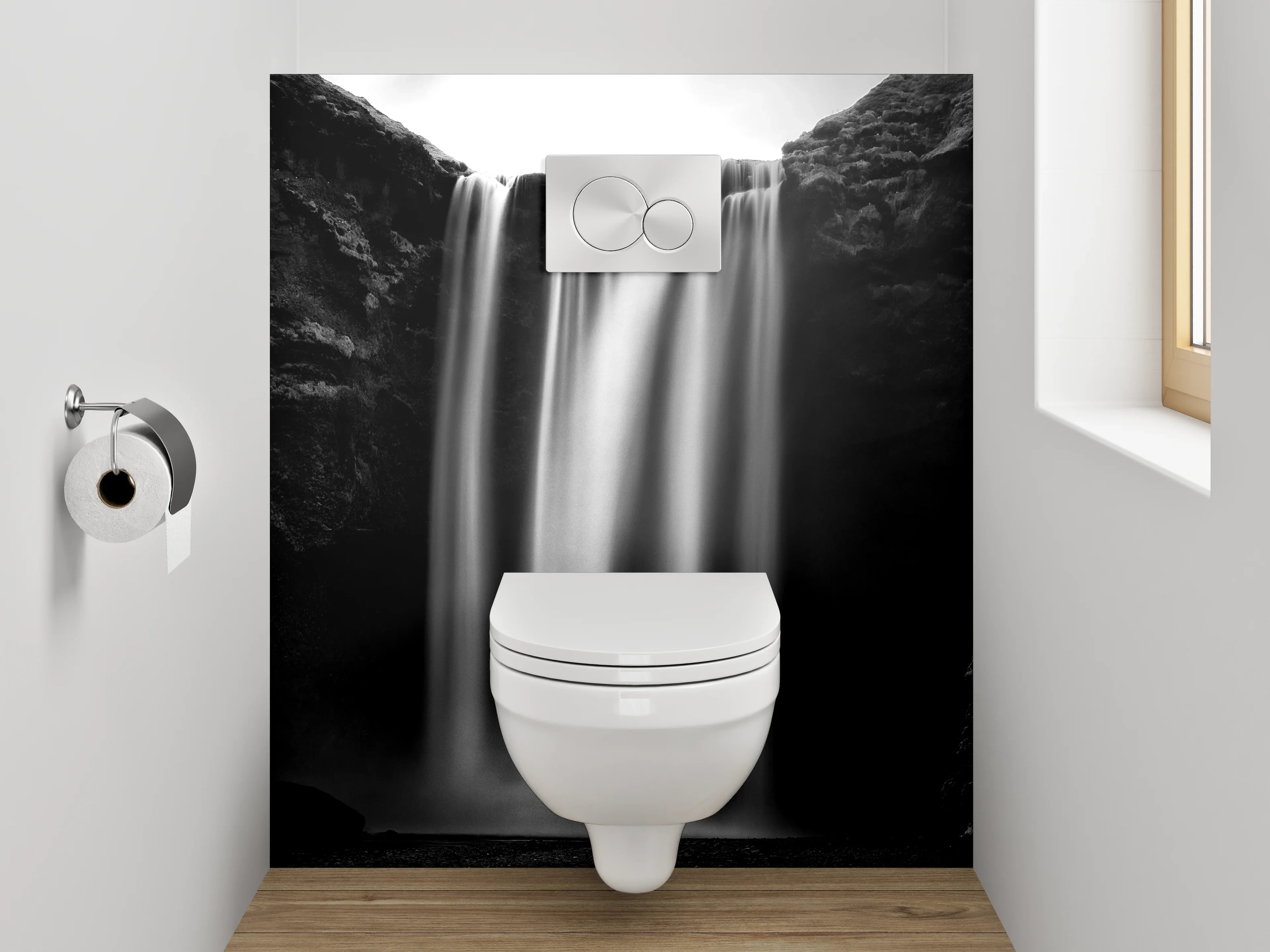 WC-Rückwand - Majestätischer Schwarz-Weiß Wasserfall