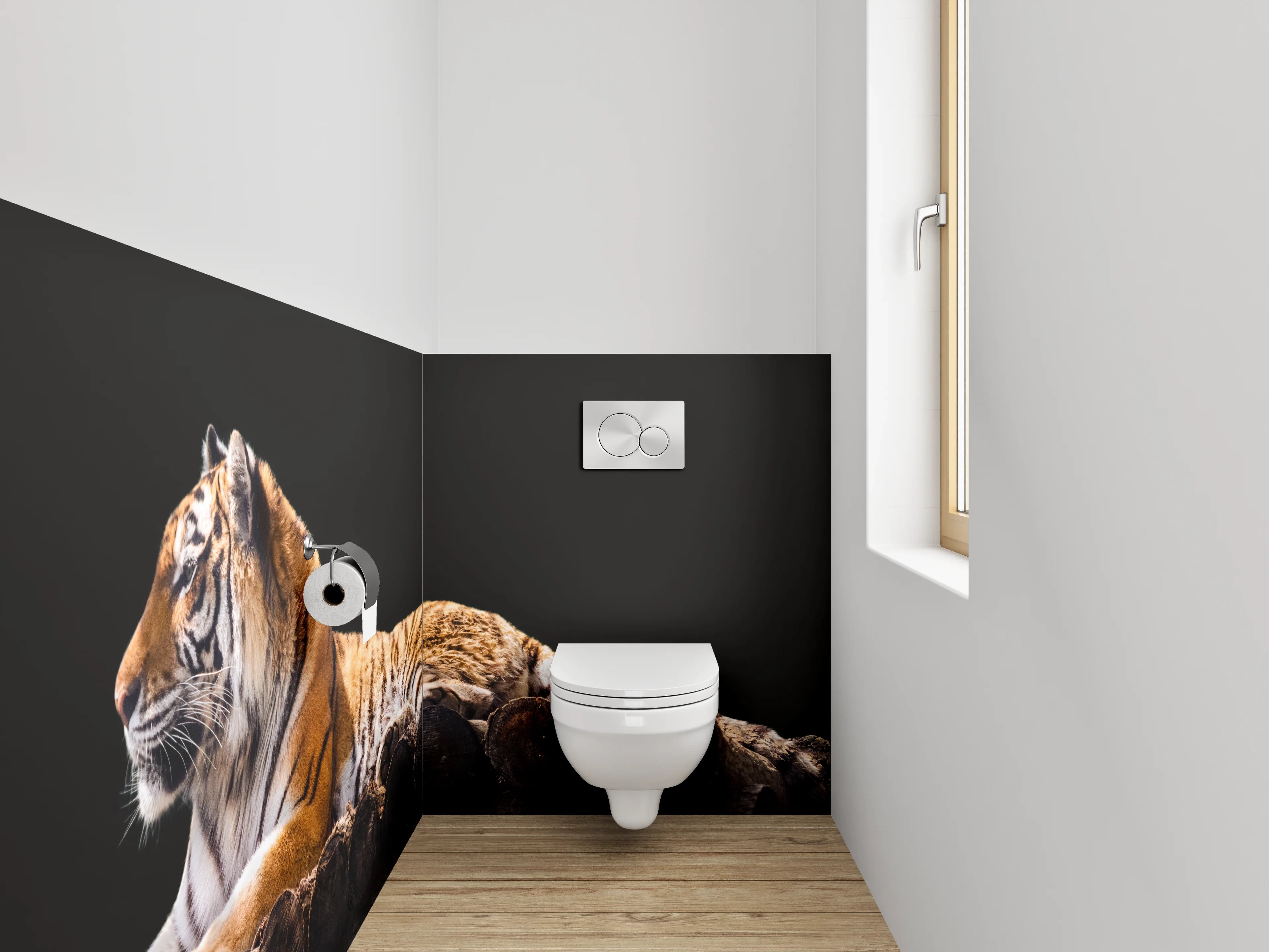 WC-Rückwand - Majestätischer Tiger auf Holzstämmen