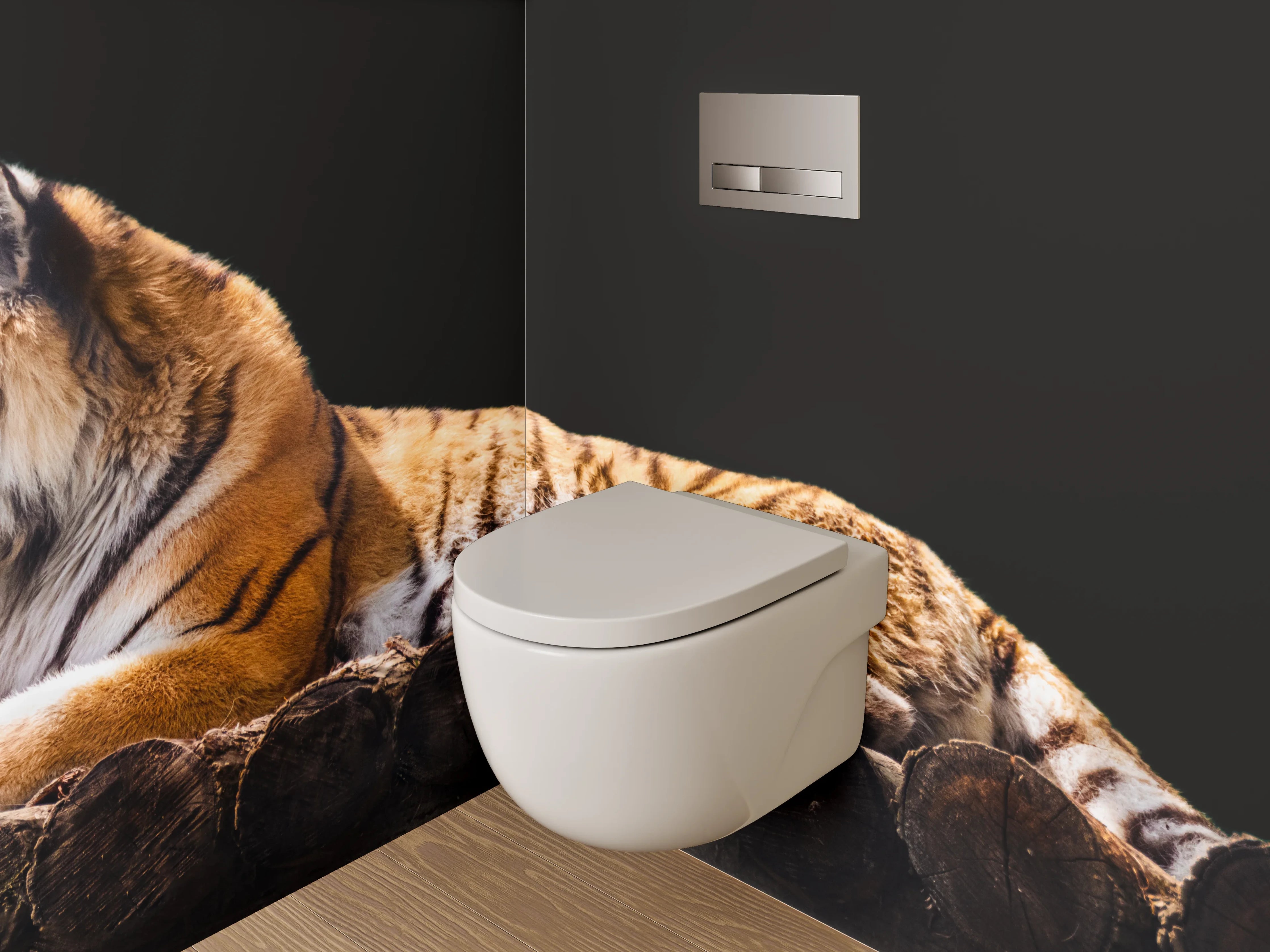 WC-Rückwand - Majestätischer Tiger auf Holzstämmen