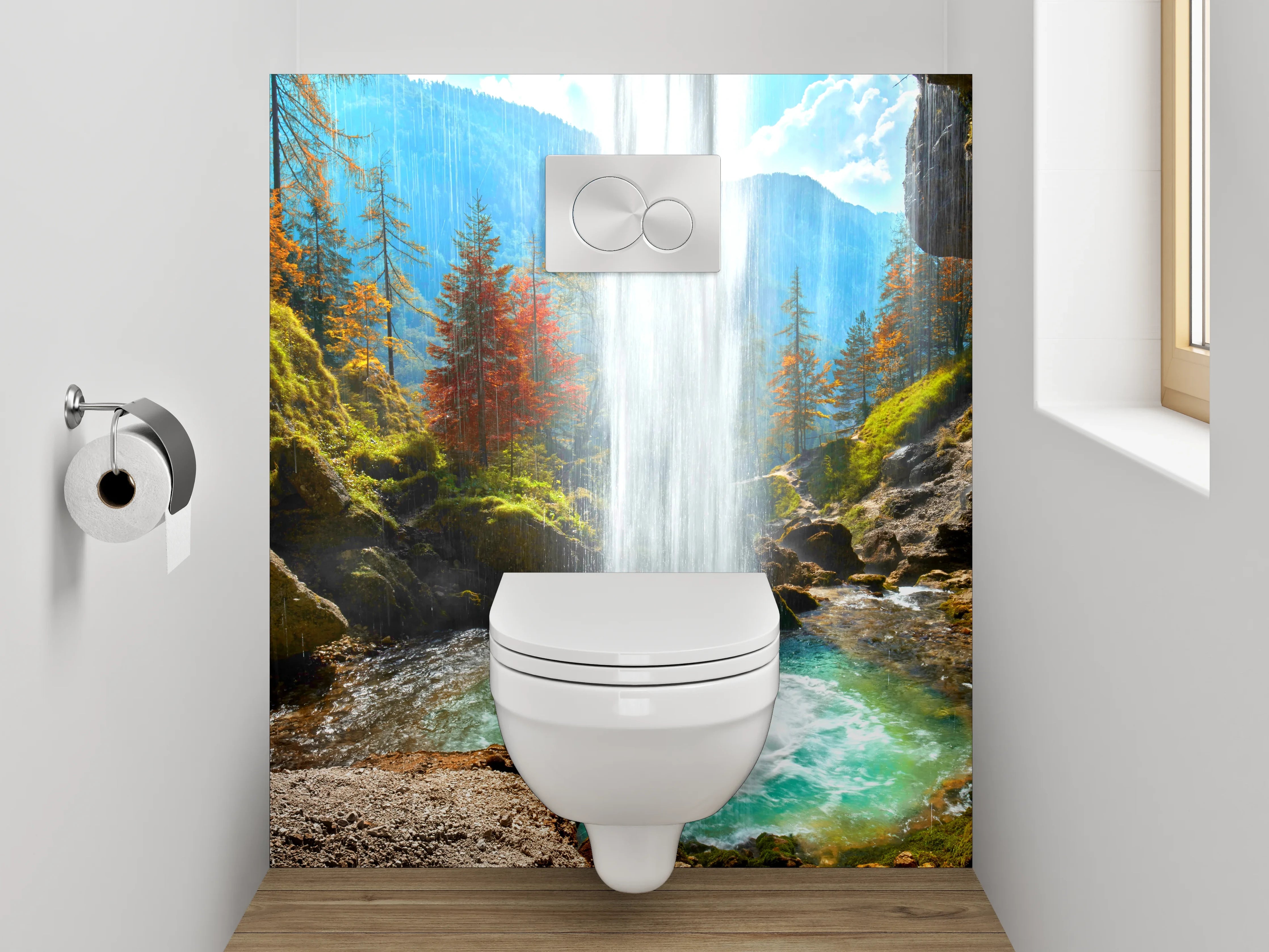 WC-Rückwand - Majestätischer Wasserfall im Herbstwald
