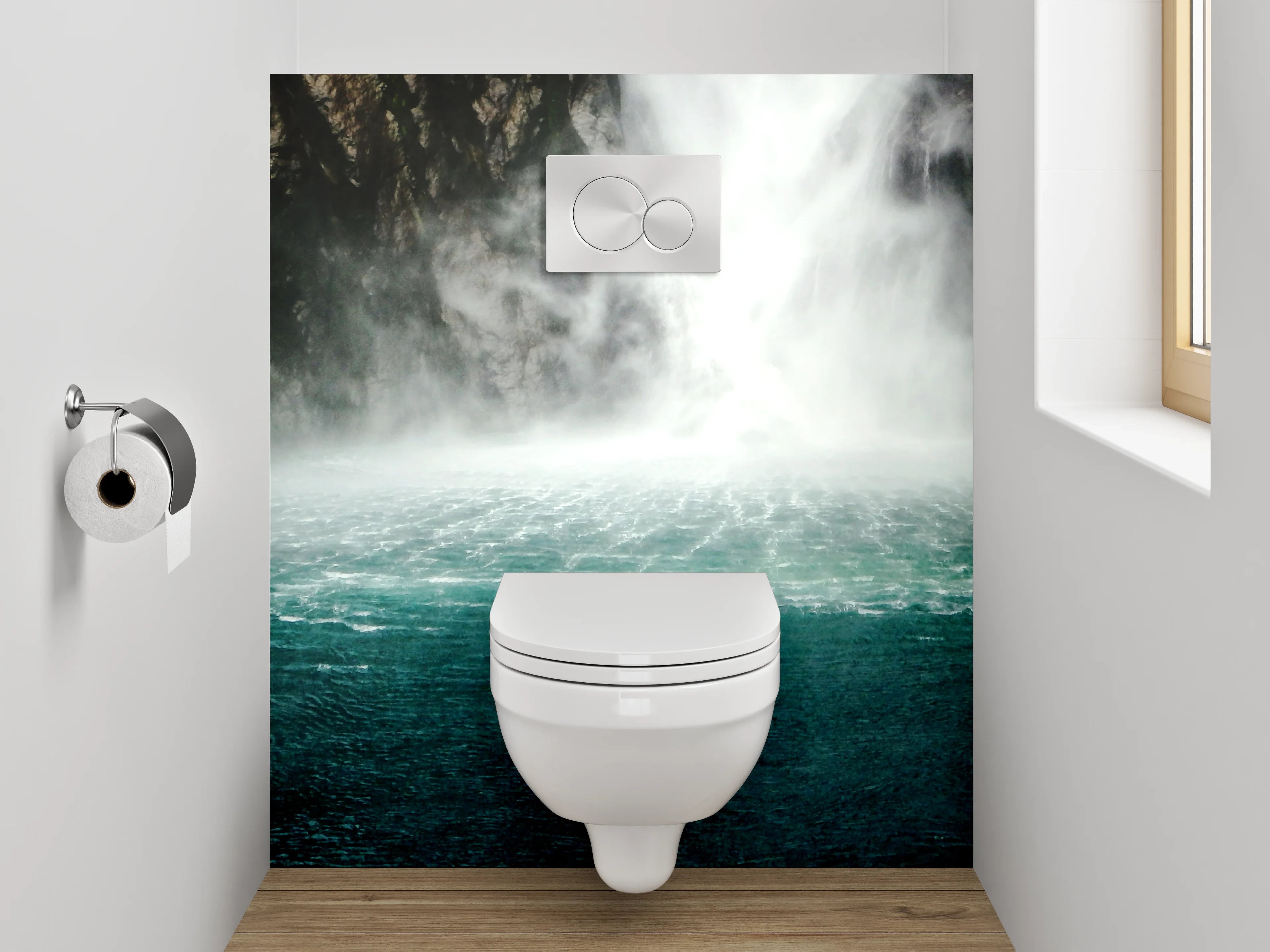 WC-Rückwand - Majestätischer Wasserfall im Nebel