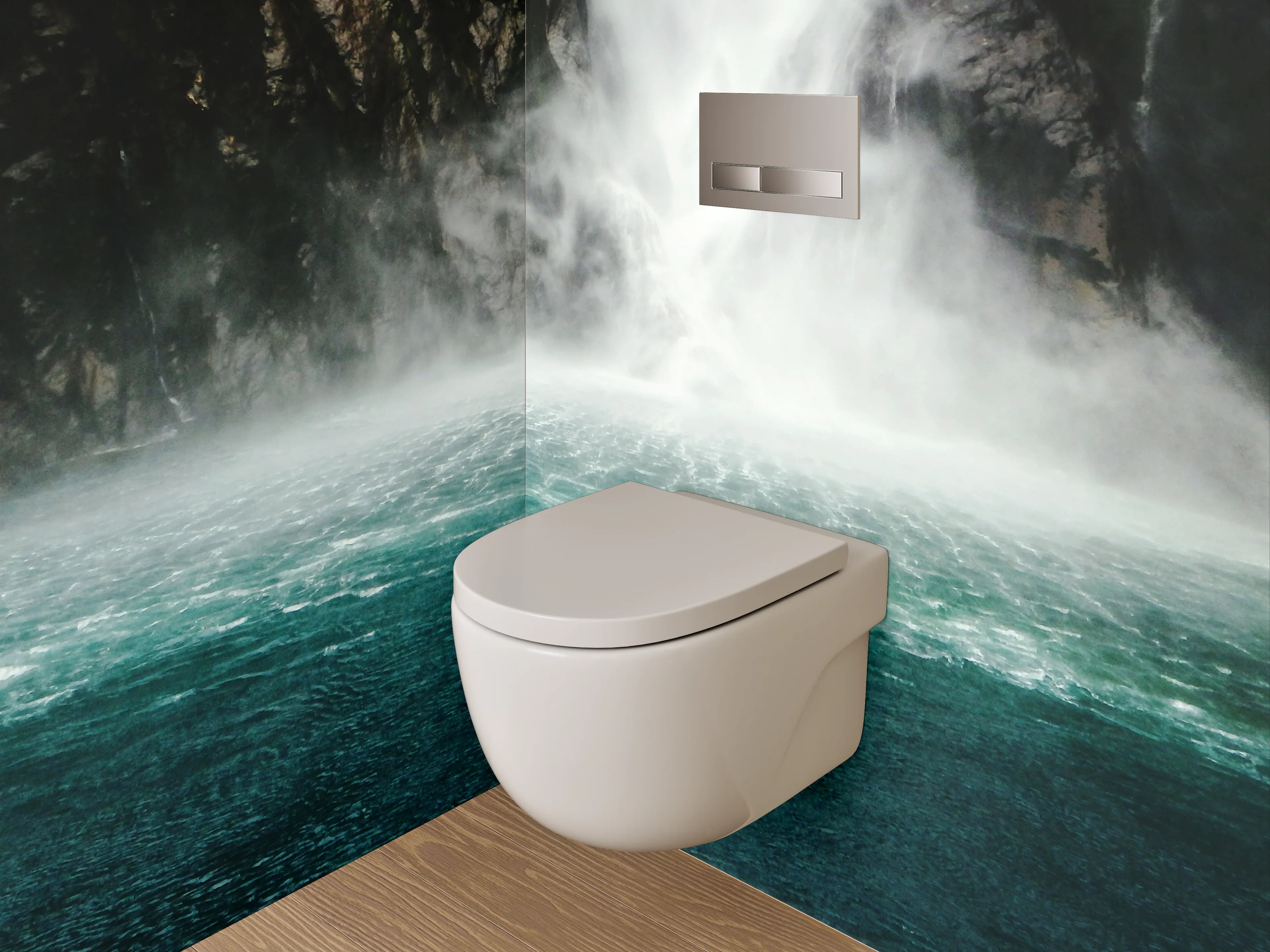WC-Rückwand - Majestätischer Wasserfall im Nebel