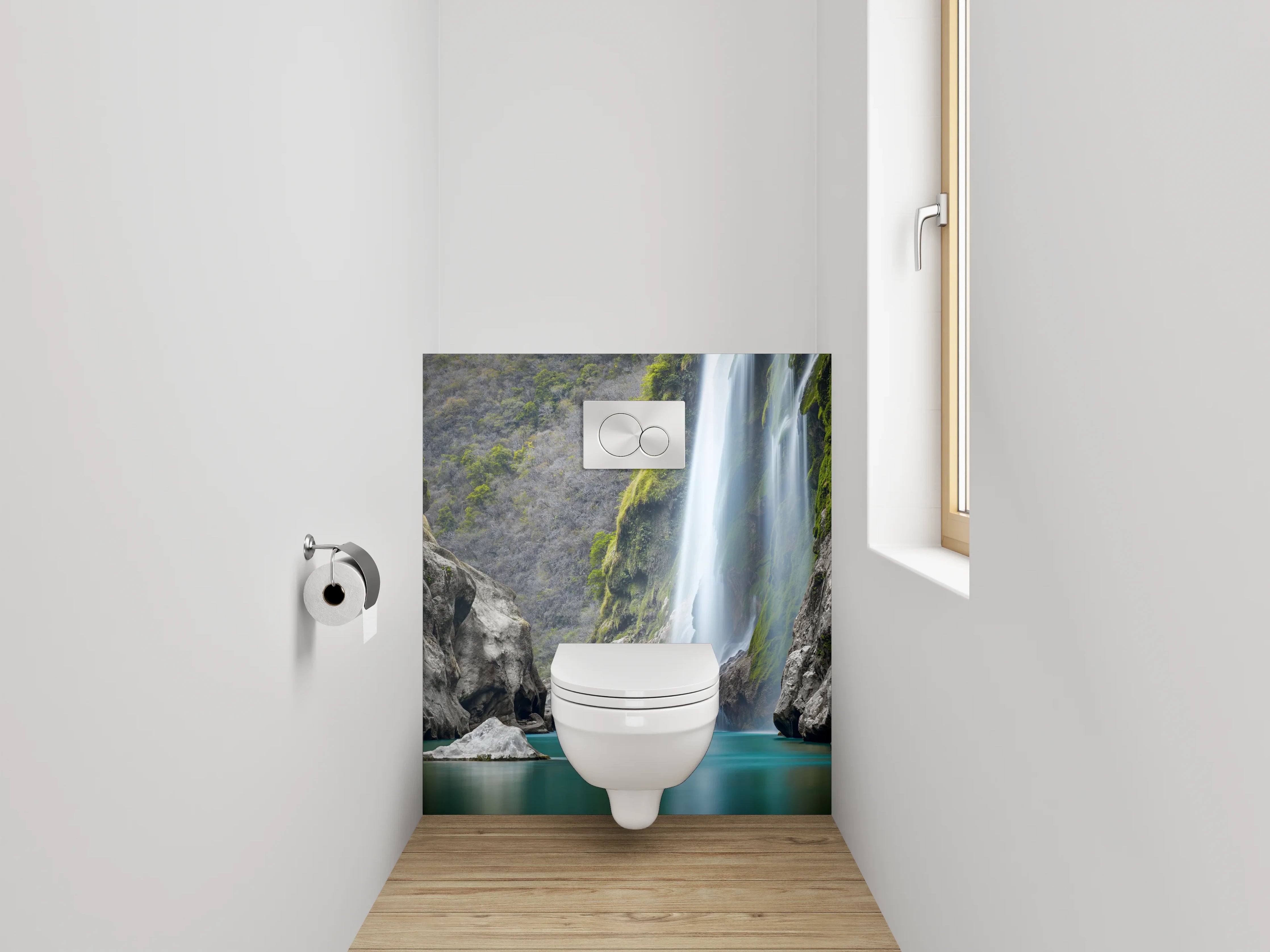 WC-Rückwand - Majestätischer Wasserfall in türkisfarbenem Tal